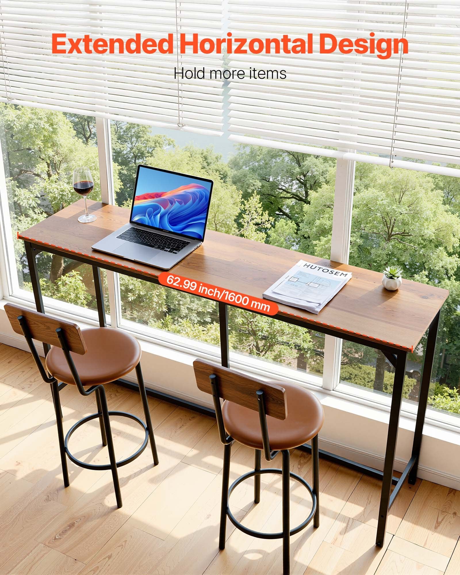 53" Tall Kitchen Bar Table, Rectangular High Top Dining Table with Rounded Edge, Light Brown & Black, Ideal for Balcony & Living Room, Waterproof P2-Grade Particle Board, Extended Horizontal Design, Classic Color Scheme, Multi-Purpose Table