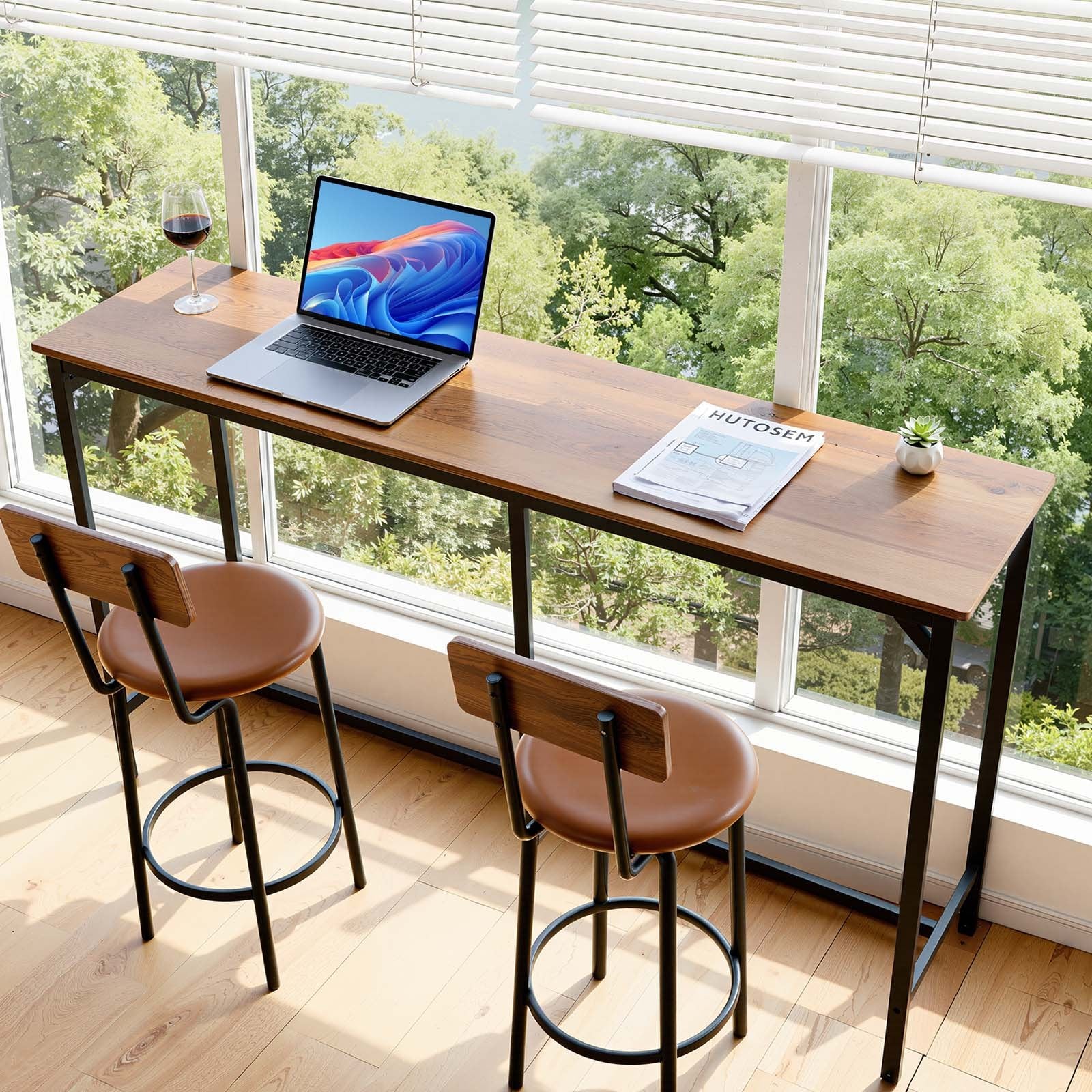 53" Tall Kitchen Bar Table, Rectangular High Top Dining Table with Rounded Edge, Light Brown & Black, Ideal for Balcony & Living Room, Waterproof P2-Grade Particle Board, Extended Horizontal Design, Classic Color Scheme, Multi-Purpose Table