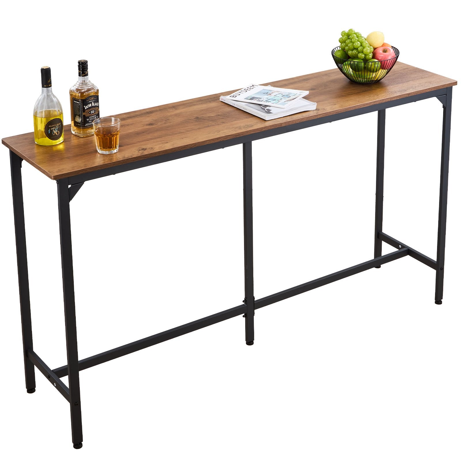 53" Tall Kitchen Bar Table, Rectangular High Top Dining Table with Rounded Edge, Light Brown & Black, Ideal for Balcony & Living Room, Waterproof P2-Grade Particle Board, Extended Horizontal Design, Classic Color Scheme, Multi-Purpose Table