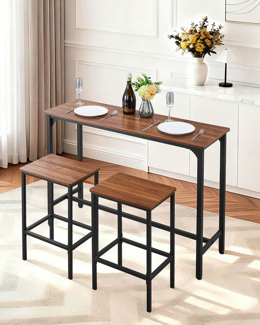 Rustic Brown 3-Piece Bar Table Set with Stools, Rounded Edge Design - Perfect for Office, Breakfast Nook, Mini Bars, Water-Resistant