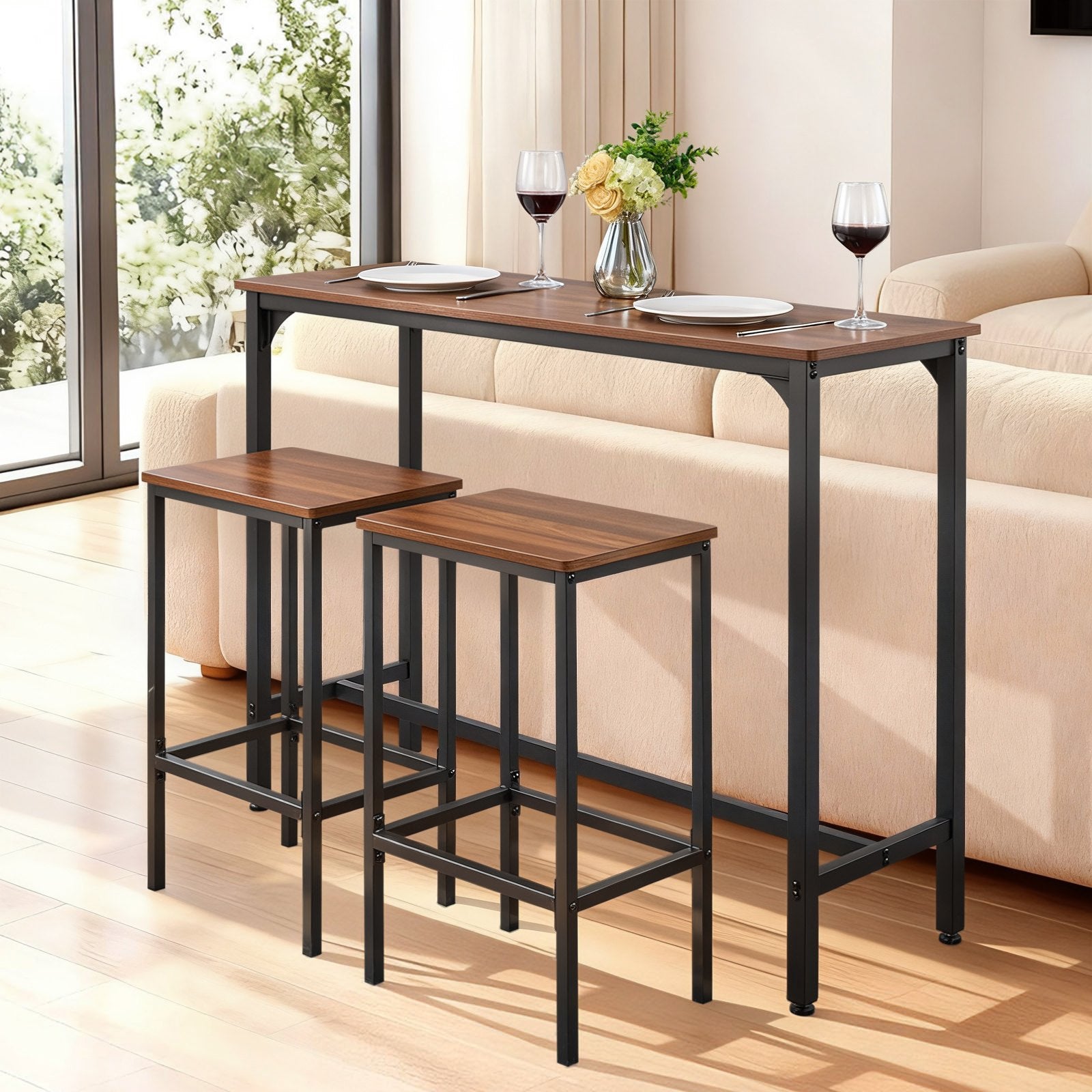 Rustic Brown 3-Piece Bar Table Set with Stools, Rounded Edge Design - Perfect for Office, Breakfast Nook, Mini Bars, Water-Resistant