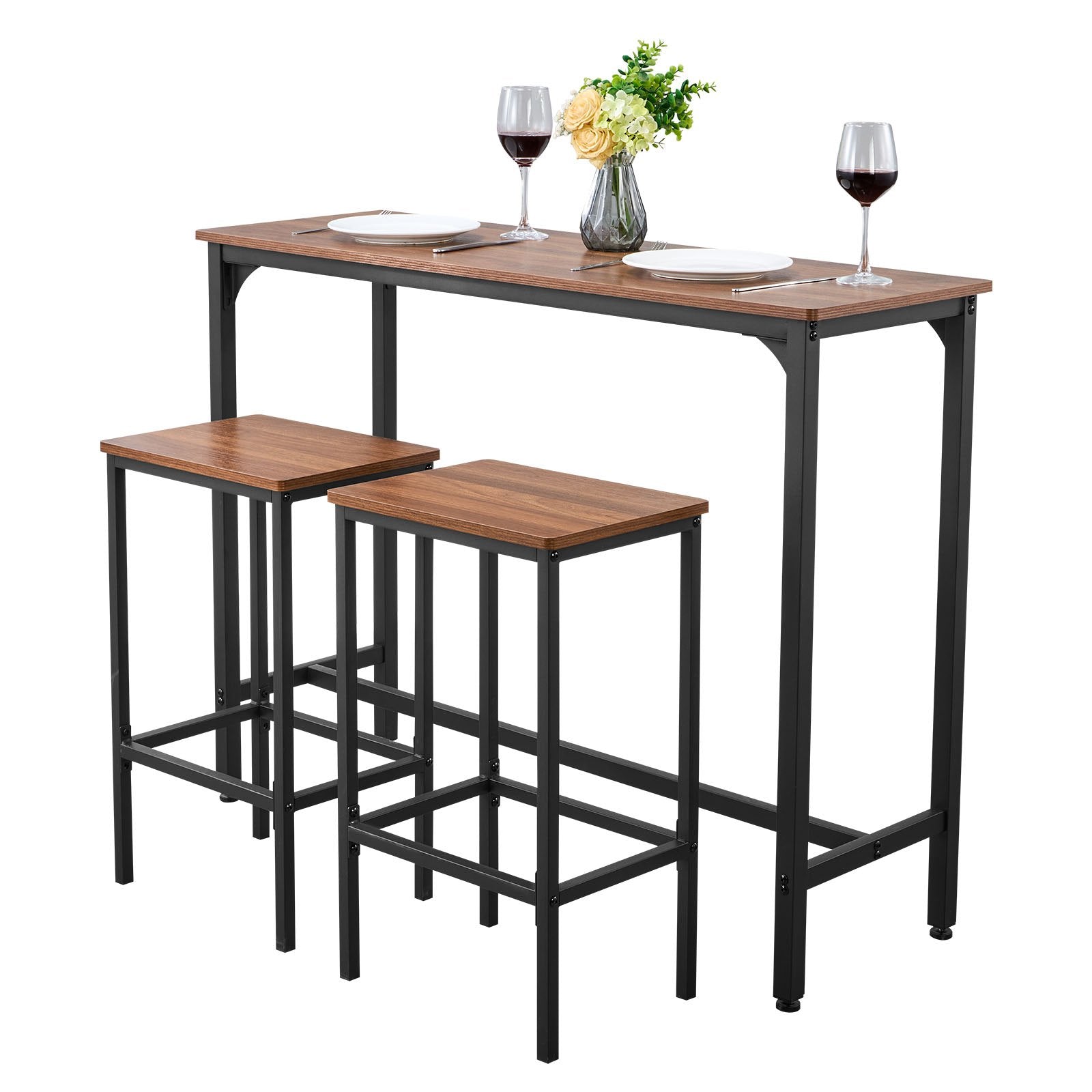 Rustic Brown 3-Piece Bar Table Set with Stools, Rounded Edge Design - Perfect for Office, Breakfast Nook, Mini Bars, Water-Resistant