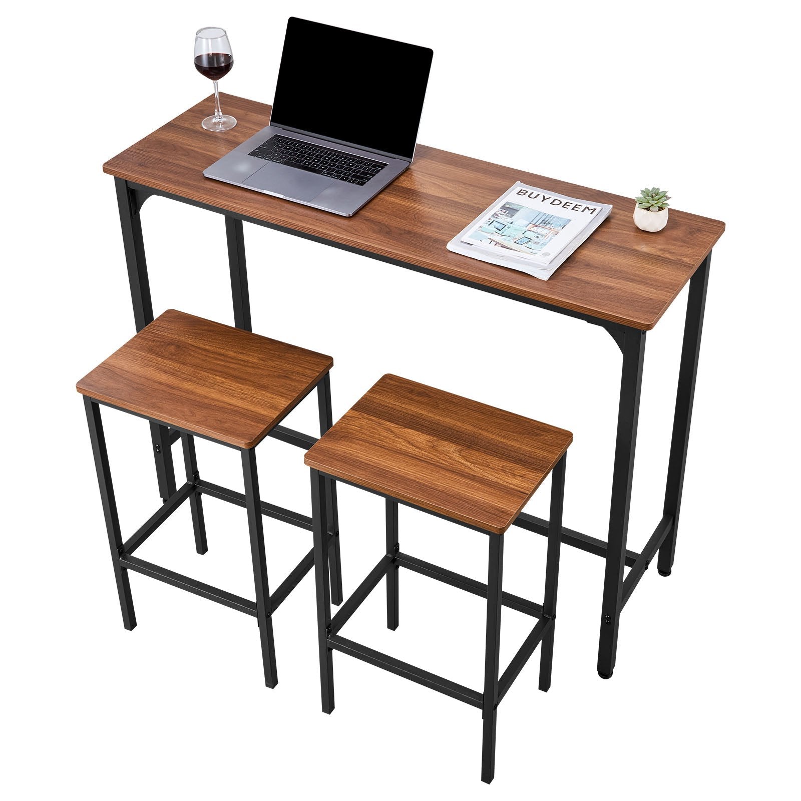 Rustic Brown 3-Piece Bar Table Set with Stools, Rounded Edge Design - Perfect for Office, Breakfast Nook, Mini Bars, Water-Resistant