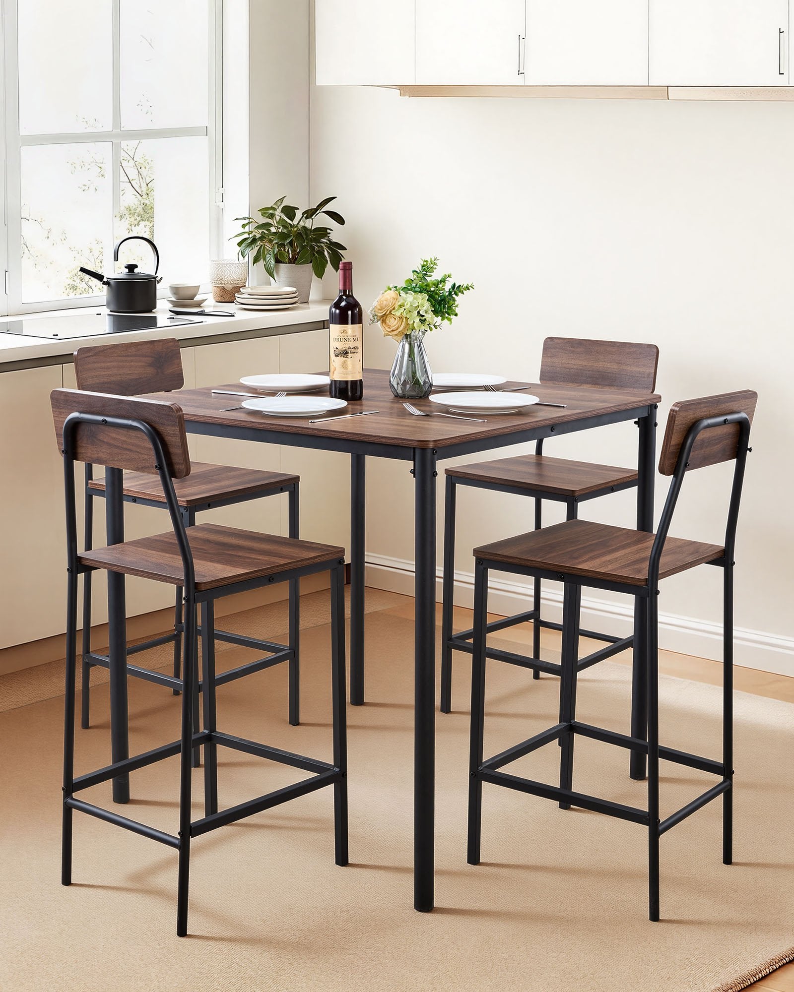 5-Piece Bar Table and Chair Set, 35" High Square Pub Table with Stools, Walnut & Black, for Dining Room & Kitchen, Water-Resistant, Modern Design