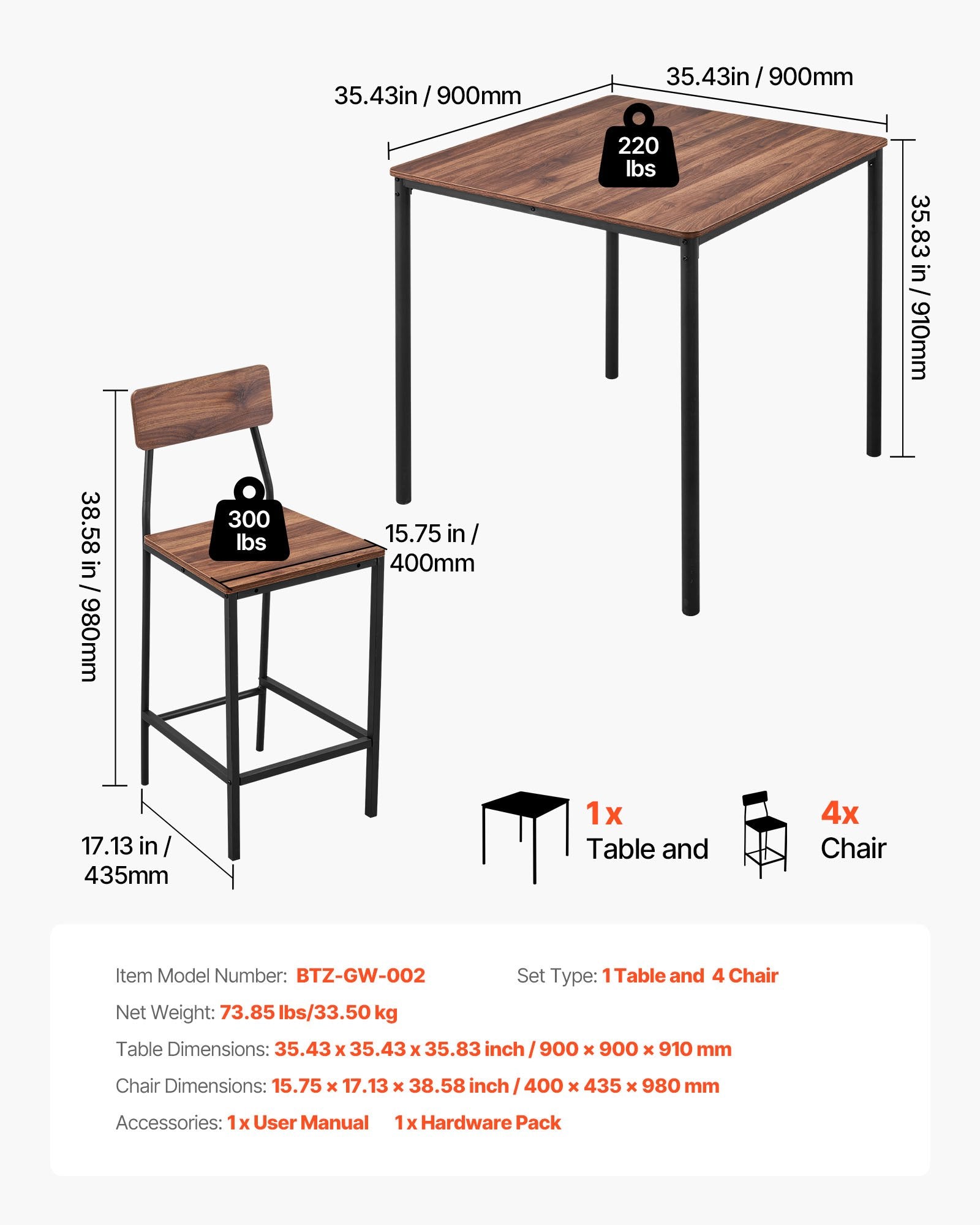 5-Piece Bar Table and Chair Set, 35" High Square Pub Table with Stools, Walnut & Black, for Dining Room & Kitchen, Water-Resistant, Modern Design