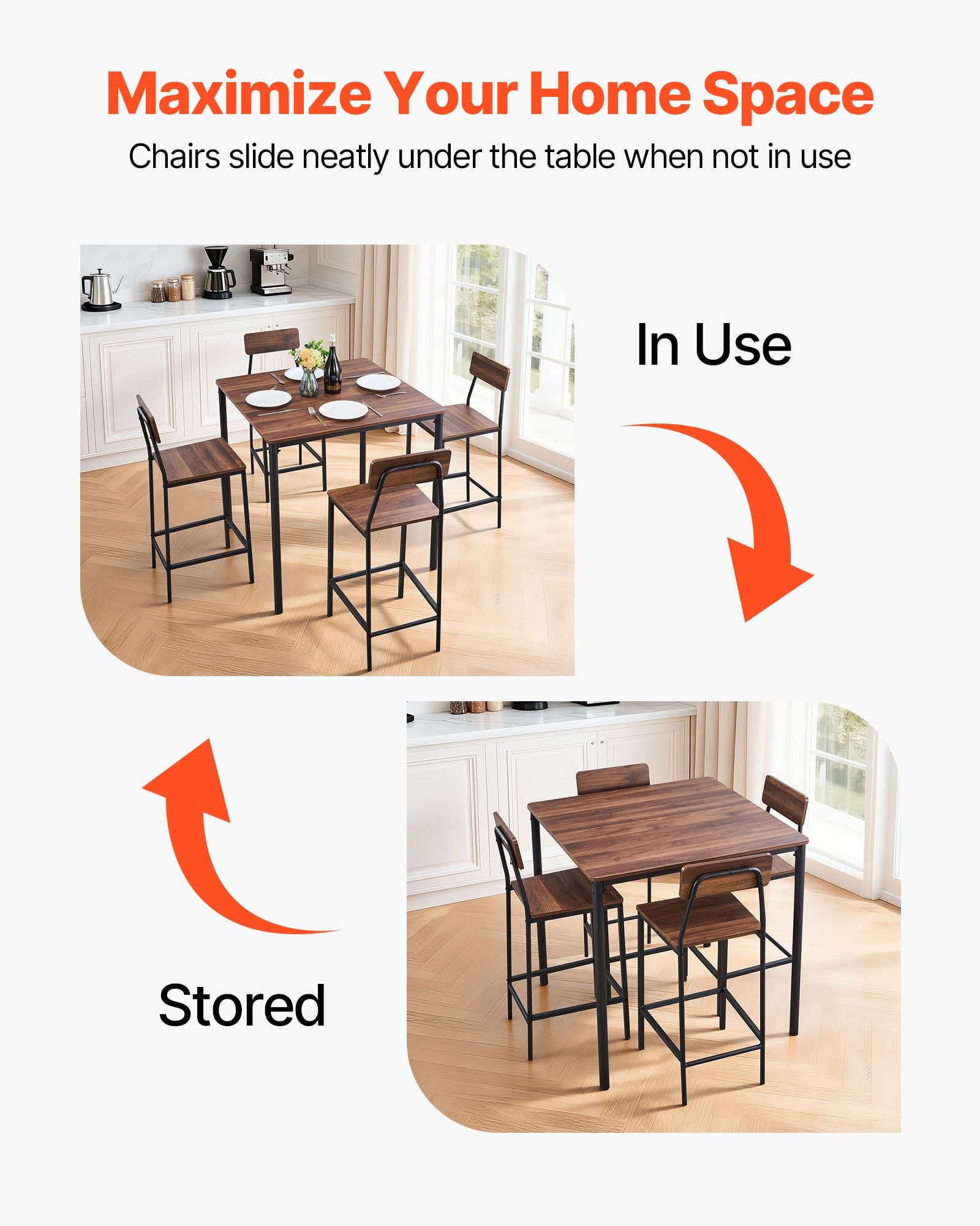5-Piece Bar Table and Chair Set, 35" High Square Pub Table with Stools, Walnut & Black, for Dining Room & Kitchen, Water-Resistant, Modern Design