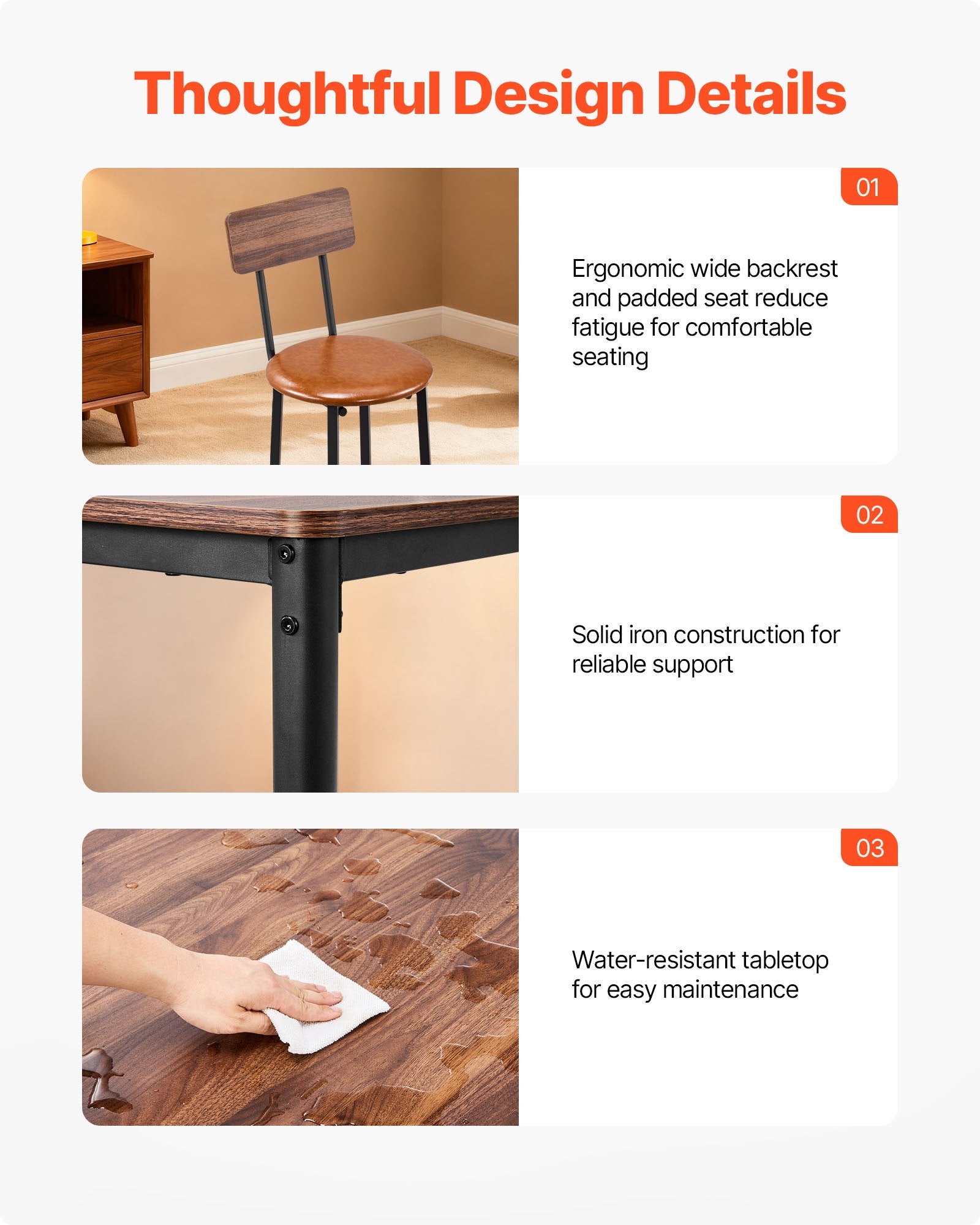 5-Piece Bar Table and Chair Set, 35" High Square Pub Table with Stools, Walnut & Black, for Dining Room & Kitchen, Water-Resistant, Modern Design