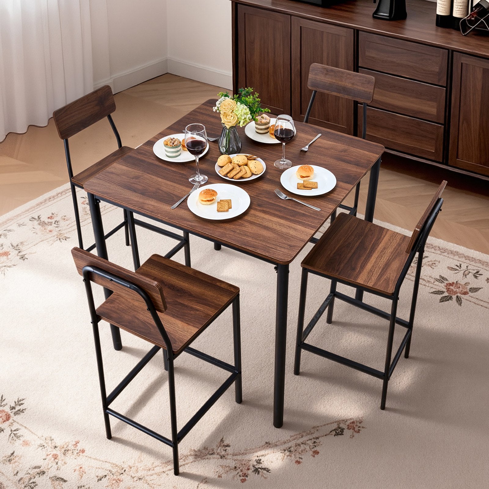 5-Piece Bar Table and Chair Set, 35" High Square Pub Table with Stools, Walnut & Black, for Dining Room & Kitchen, Water-Resistant, Modern Design