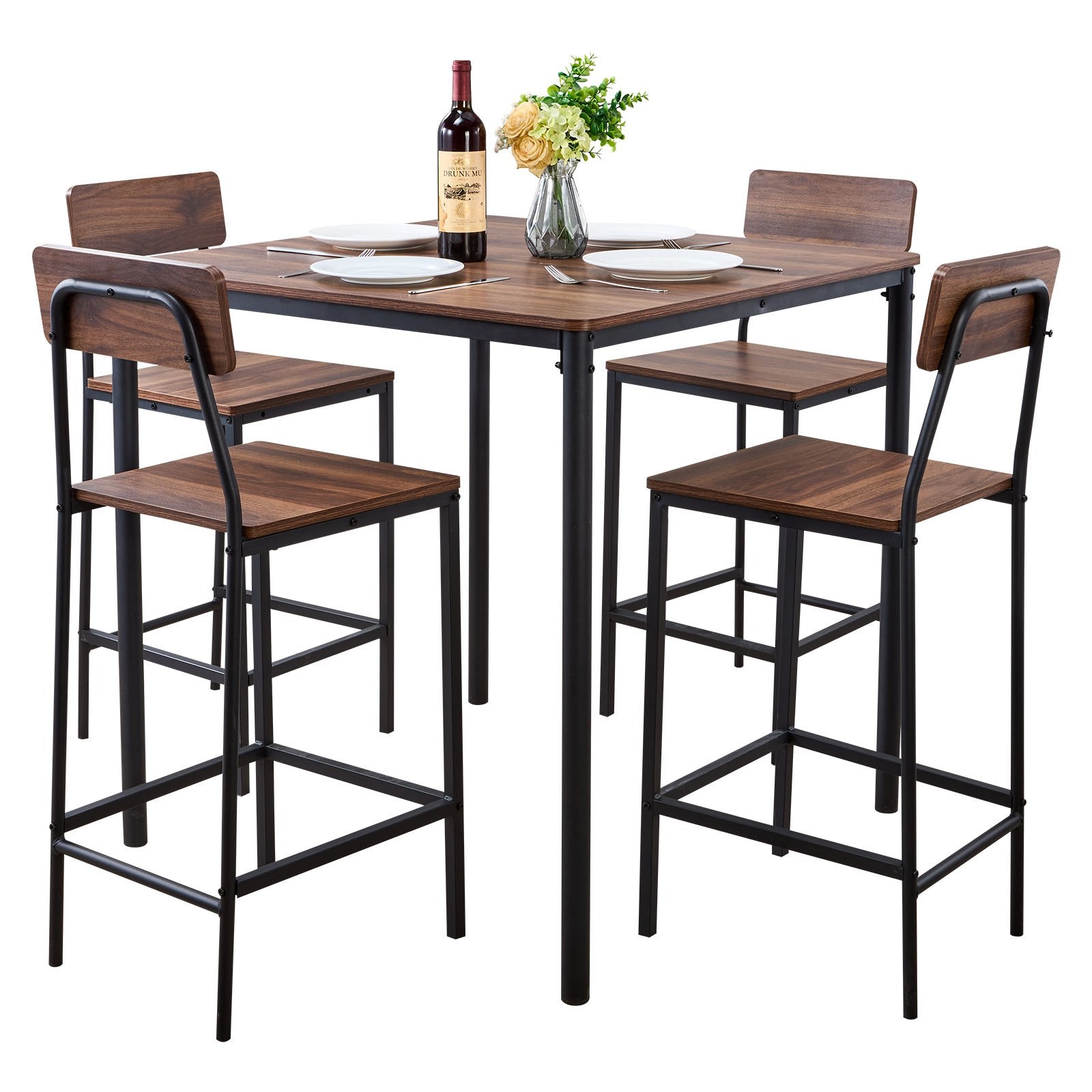 5-Piece Bar Table and Chair Set, 35" High Square Pub Table with Stools, Walnut & Black, for Dining Room & Kitchen, Water-Resistant, Modern Design