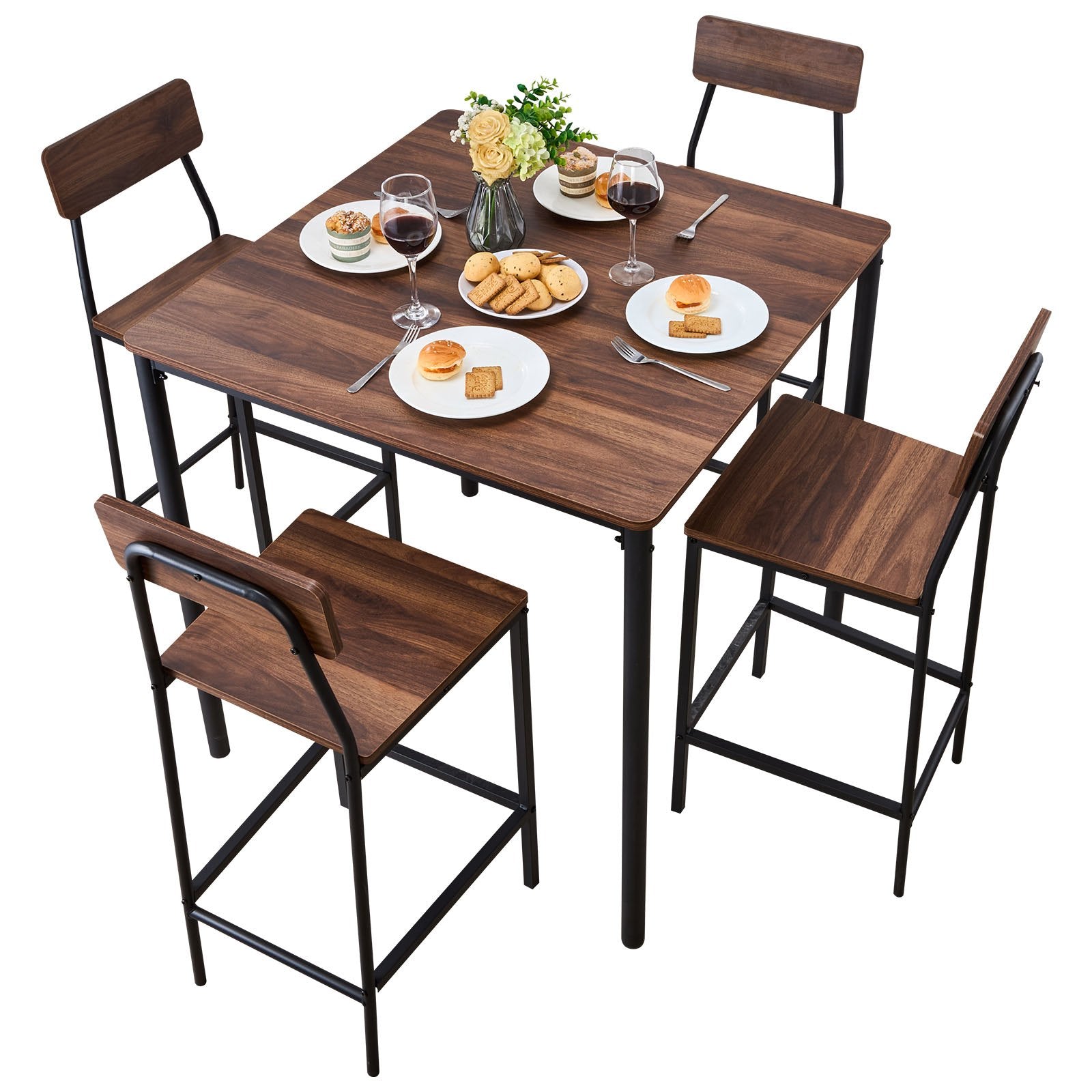 5-Piece Bar Table and Chair Set, 35" High Square Pub Table with Stools, Walnut & Black, for Dining Room & Kitchen, Water-Resistant, Modern Design