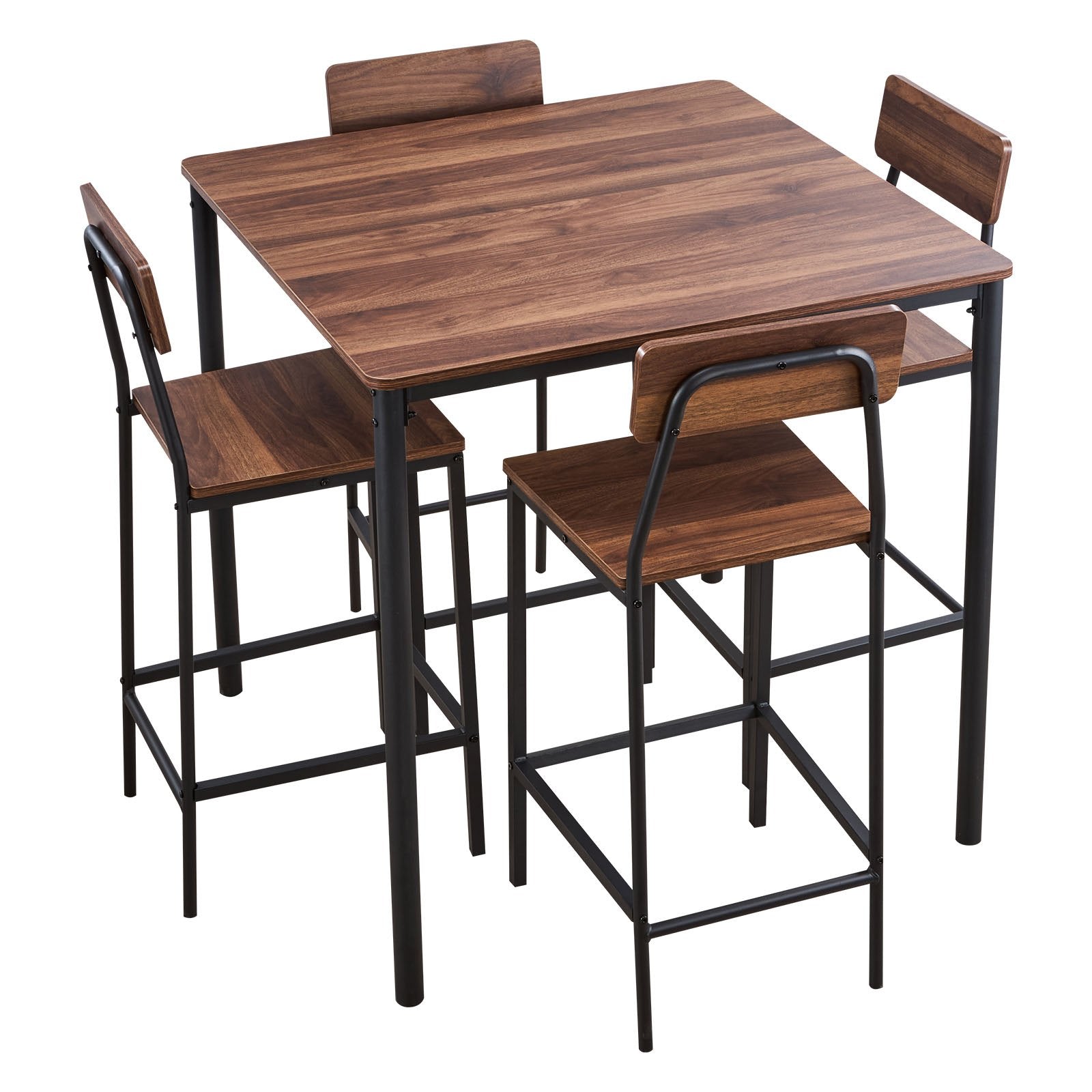 5-Piece Bar Table and Chair Set, 35" High Square Pub Table with Stools, Walnut & Black, for Dining Room & Kitchen, Water-Resistant, Modern Design