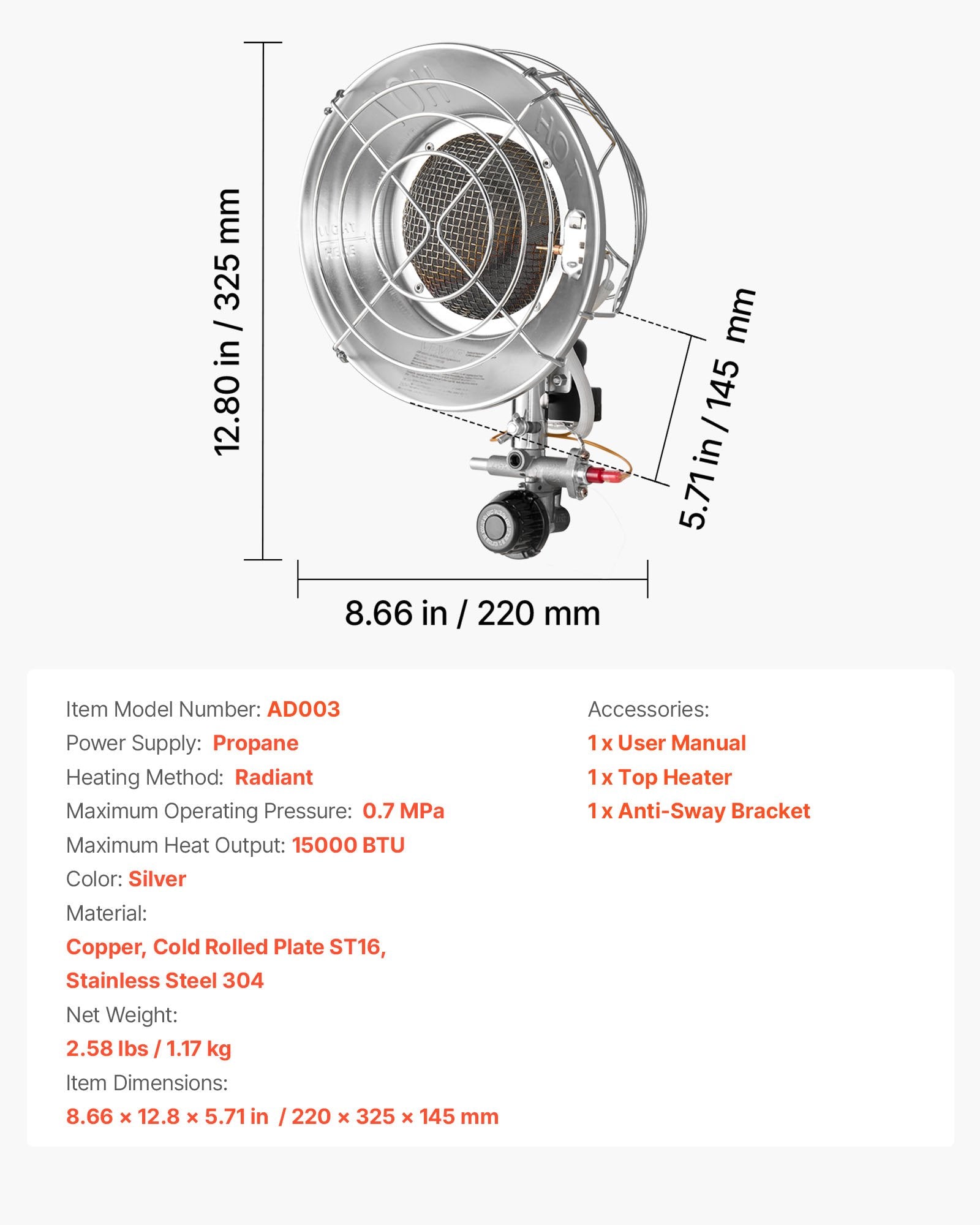 Efficient 15000 BTU Propane Tank Top Heater, 180-Degree Infrared Radiant Heat, Adjustable Temperature for Outdoor Activities