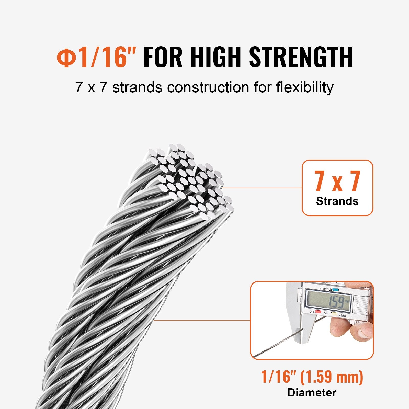 Durable 1/16" 330 ft 304 Stainless Steel Wire Rope Kit - 450 lbs Strength, Marine Aircraft Grade for Handrail, Stair, Decking, Fence, Outdoor Use with 80 Sleeves & 20 Thimbles