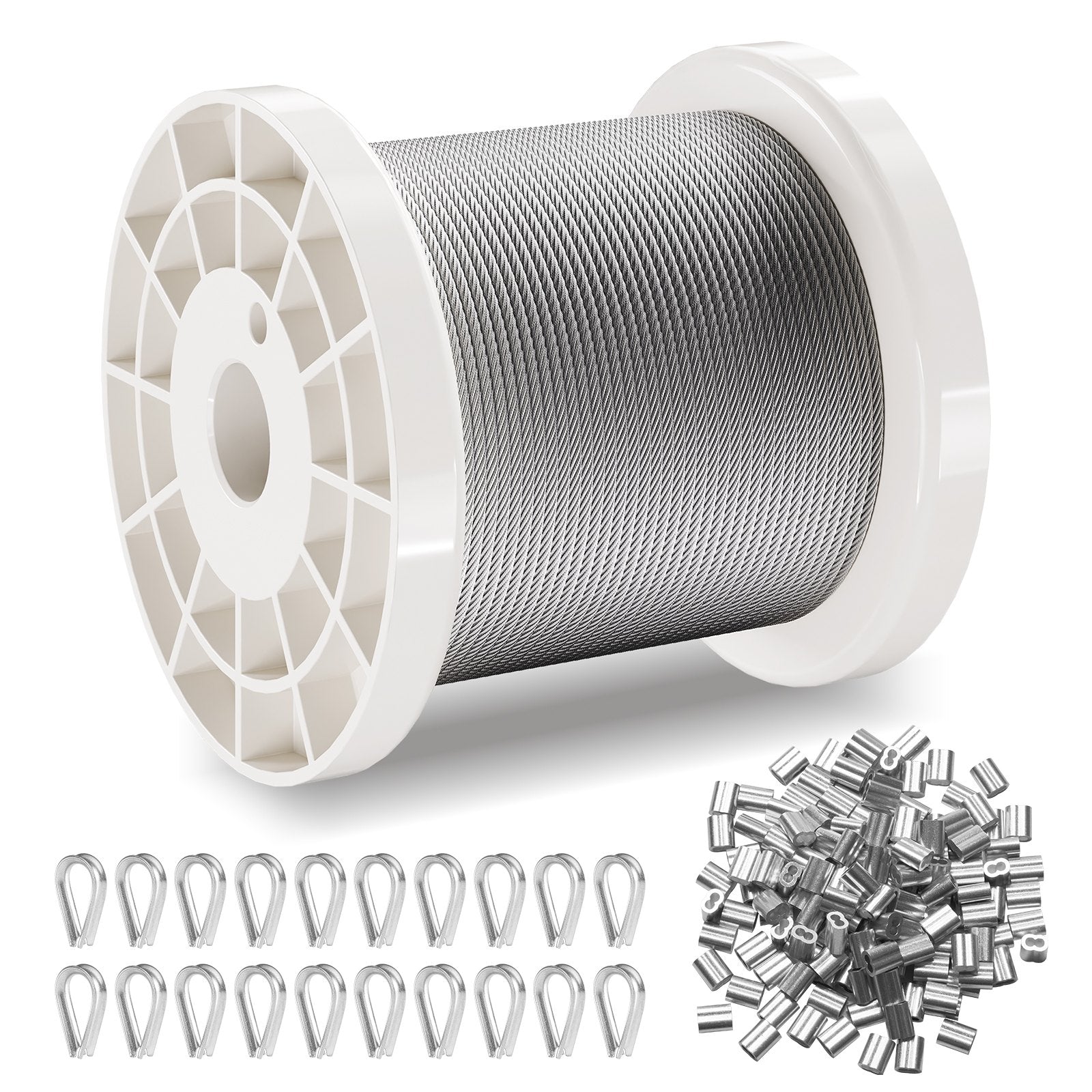 Durable 1/16" 330 ft 304 Stainless Steel Wire Rope Kit - 450 lbs Strength, Marine Aircraft Grade for Handrail, Stair, Decking, Fence, Outdoor Use with 80 Sleeves & 20 Thimbles