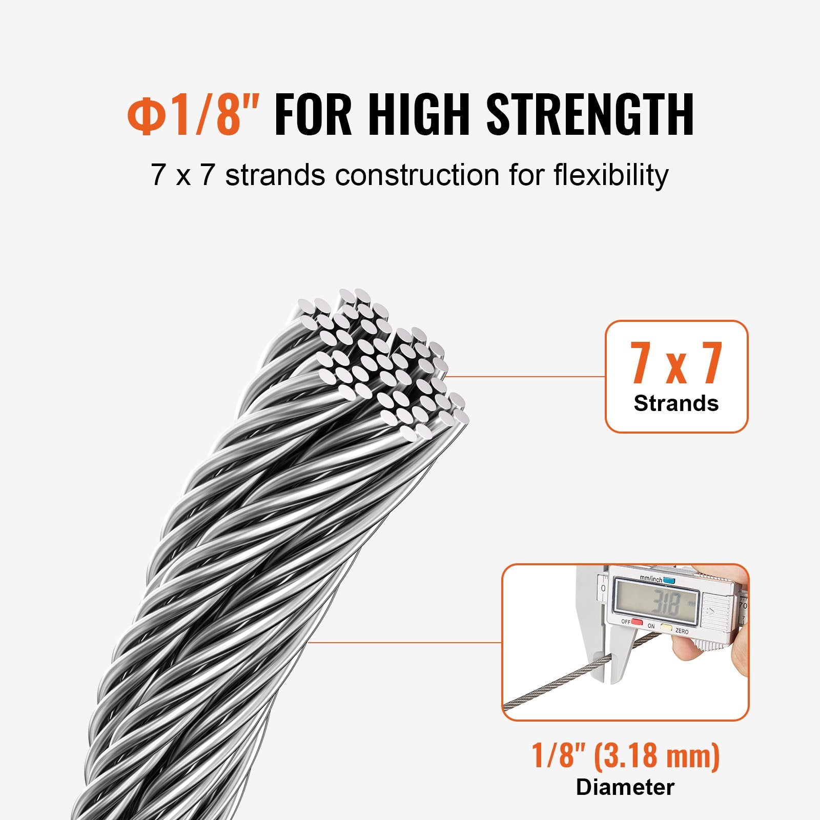 Premium 1/8" 316 Stainless Steel Wire Rope Kit, 100 ft Cable with Sleeves & Thimbles, 1600 lbs Strength for Decking, Handrail, Fencing & Outdoor Use