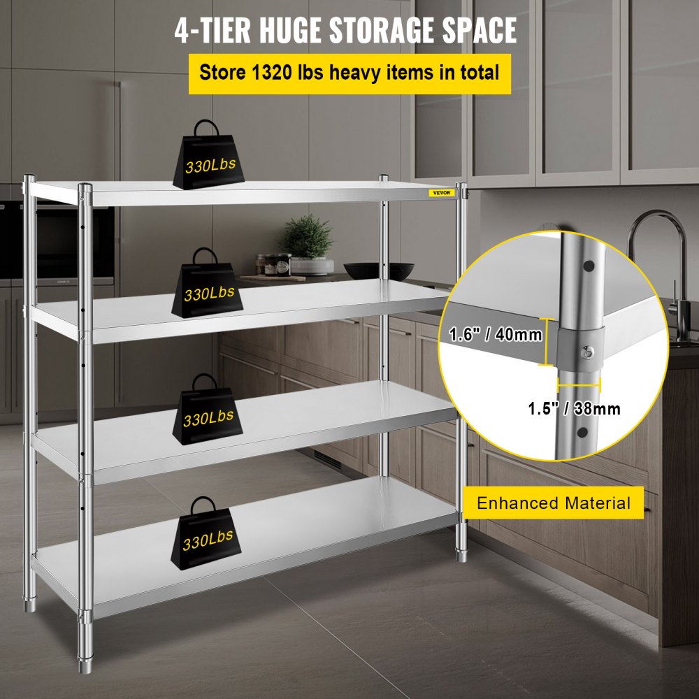VEVOR Stainless Steel Shelving 60x18.5 Inch 4 Tier Adjustable Shelf Storage Unit Stainless Steel Heavy Duty Shelving for Kitchen Commercial Office Garage Storage 330lb Per Shelf