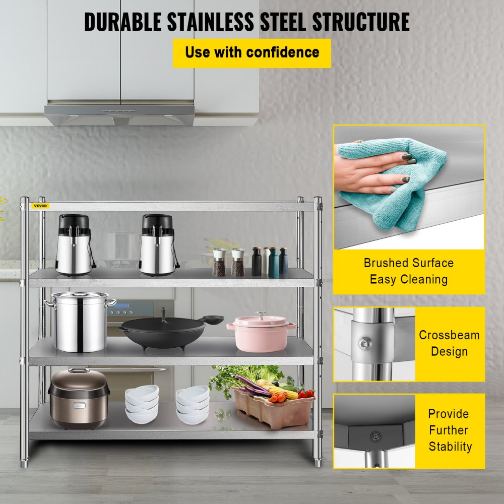 VEVOR Stainless Steel Shelving 60x18.5 Inch 4 Tier Adjustable Shelf Storage Unit Stainless Steel Heavy Duty Shelving for Kitchen Commercial Office Garage Storage 330lb Per Shelf
