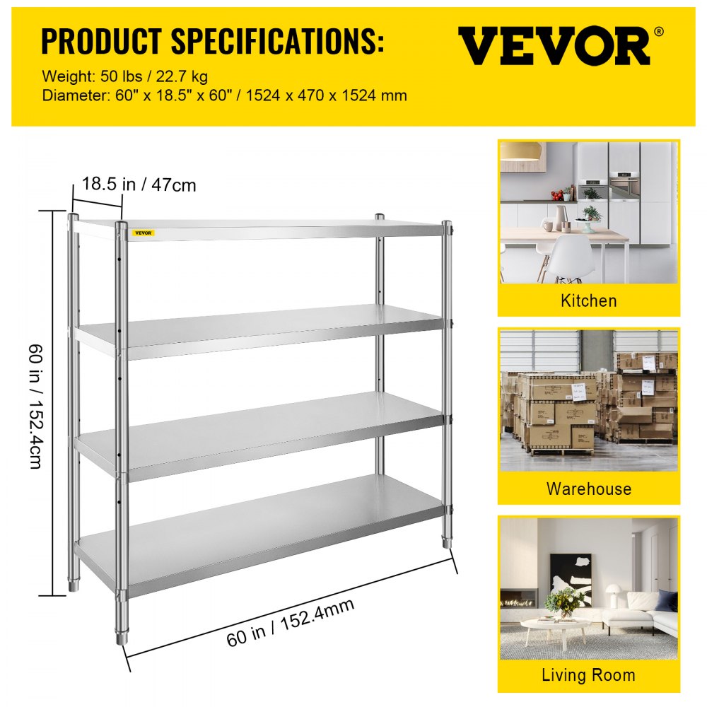 VEVOR Stainless Steel Shelving 60x18.5 Inch 4 Tier Adjustable Shelf Storage Unit Stainless Steel Heavy Duty Shelving for Kitchen Commercial Office Garage Storage 330lb Per Shelf
