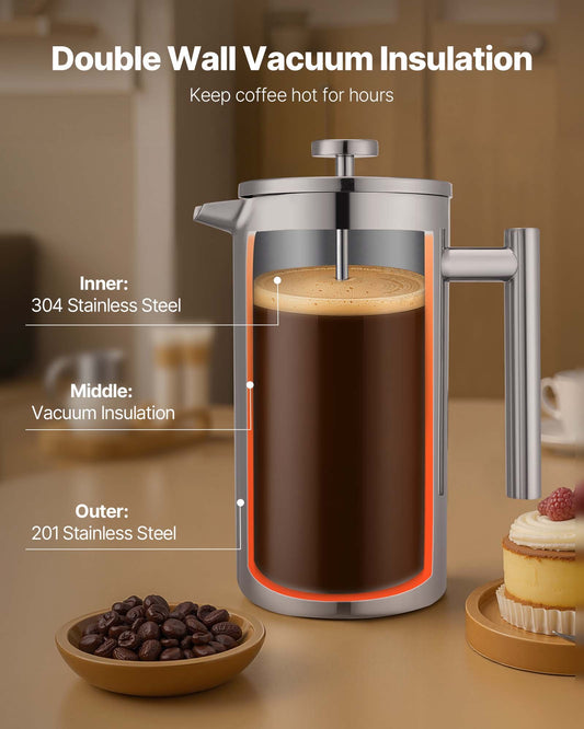 Stainless Steel French Press Coffee & Tea Maker, 51oz 1.5L, Double Wall Insulated, Precision Filter, Ideal for Camping, Travel, Home, Kitchen, Silver