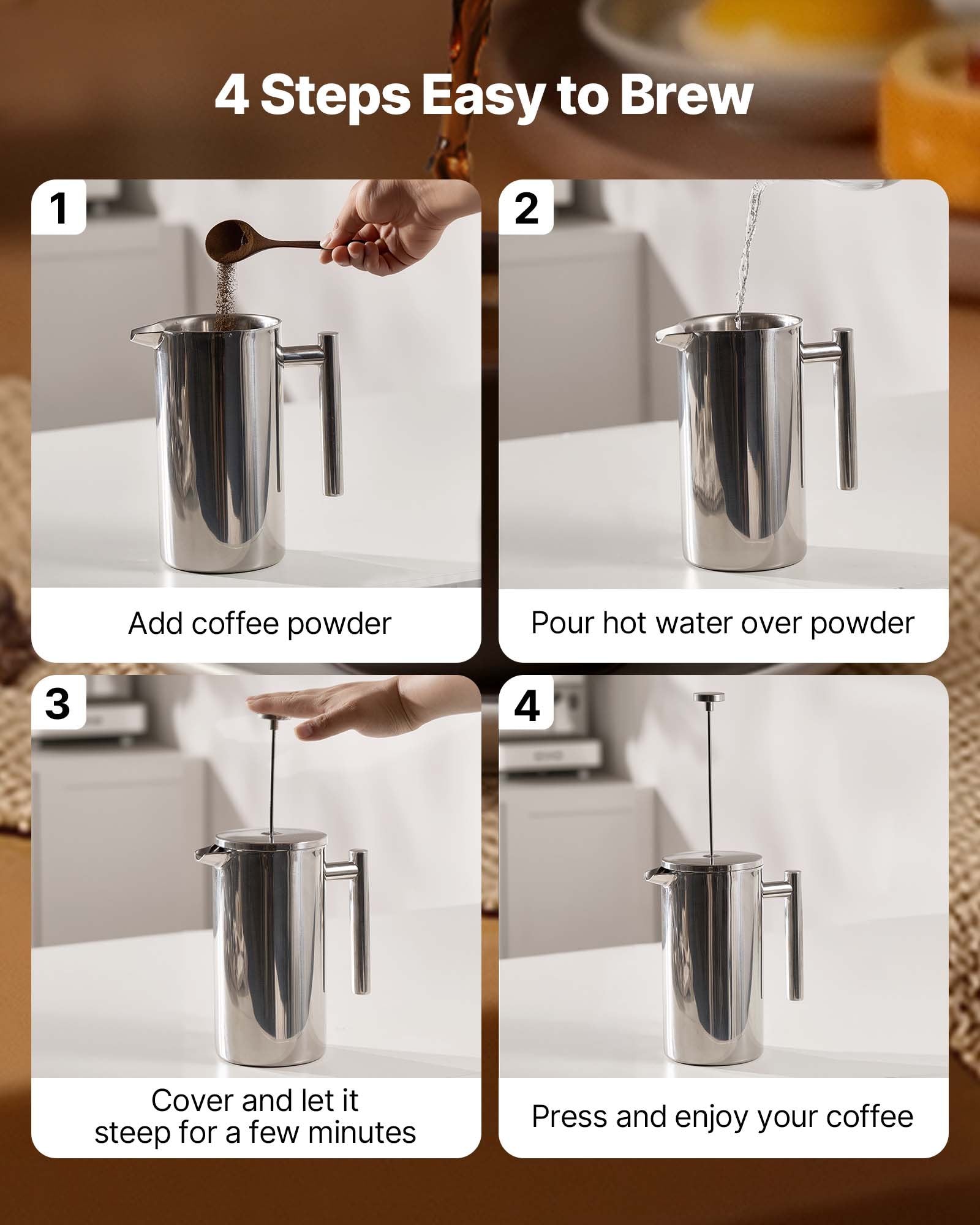 Stainless Steel French Press Coffee & Tea Maker, 51oz 1.5L, Double Wall Insulated, Precision Filter, Ideal for Camping, Travel, Home, Kitchen, Silver