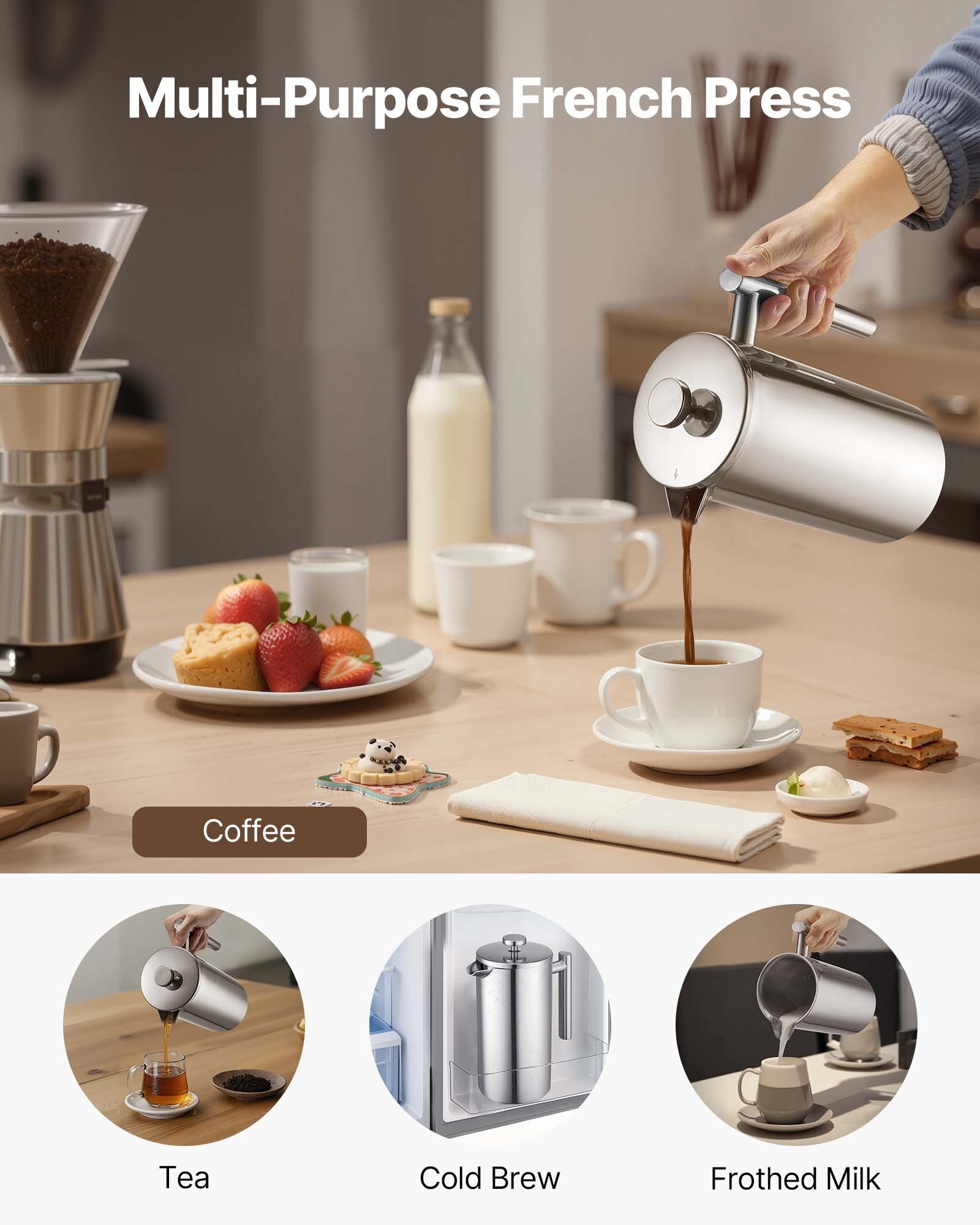 Stainless Steel French Press Coffee & Tea Maker, 51oz 1.5L, Double Wall Insulated, Precision Filter, Ideal for Camping, Travel, Home, Kitchen, Silver