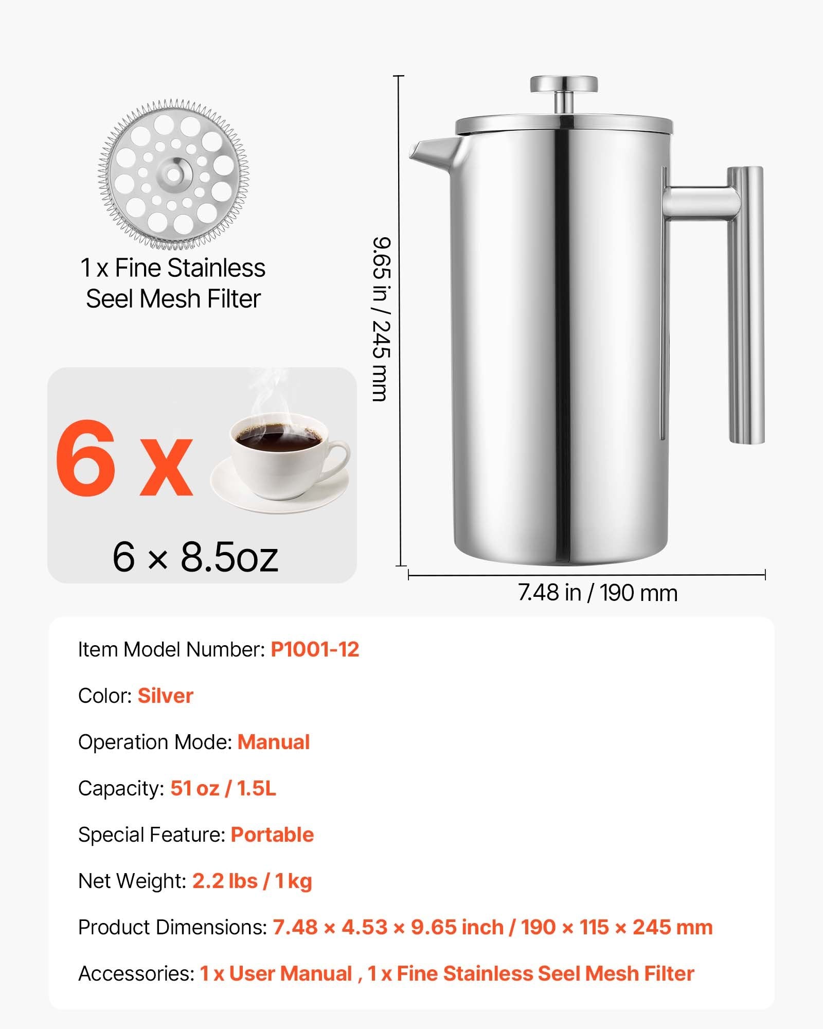 Stainless Steel French Press Coffee & Tea Maker, 51oz 1.5L, Double Wall Insulated, Precision Filter, Ideal for Camping, Travel, Home, Kitchen, Silver