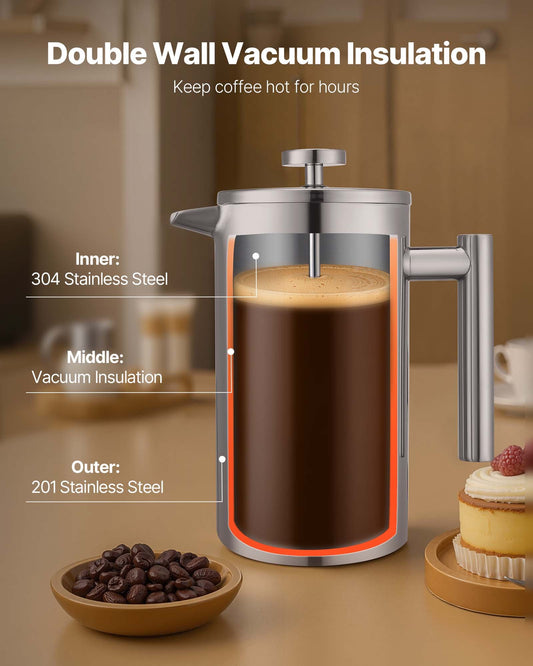 Silver Stainless Steel French Press Coffee Maker, 34 Oz Insulated Double Wall Tea & Coffee Brewer with Precision Filter for Home, Travel, Camping