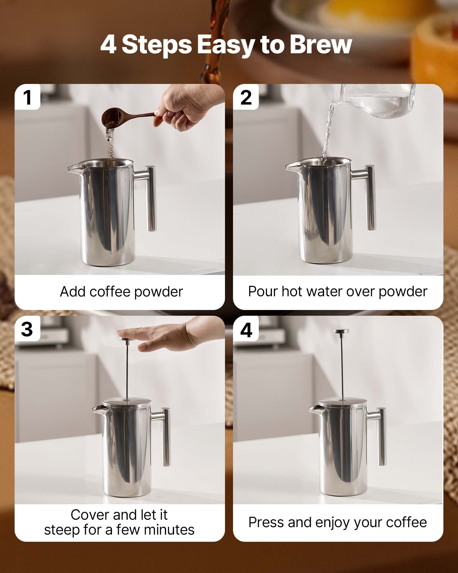 Silver Stainless Steel French Press Coffee Maker, 34 Oz Insulated Double Wall Tea & Coffee Brewer with Precision Filter for Home, Travel, Camping