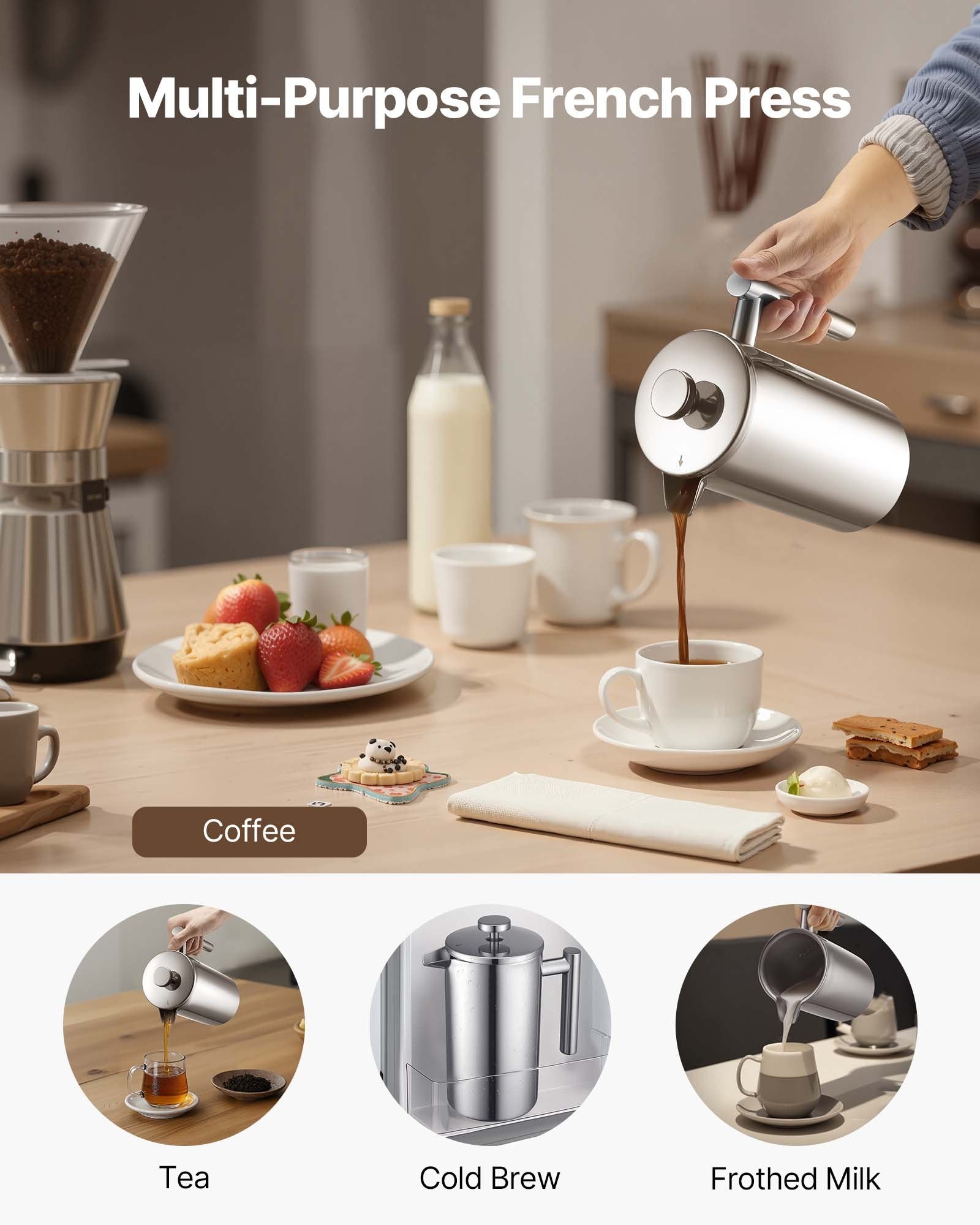 Silver Stainless Steel French Press Coffee Maker, 34 Oz Insulated Double Wall Tea & Coffee Brewer with Precision Filter for Home, Travel, Camping