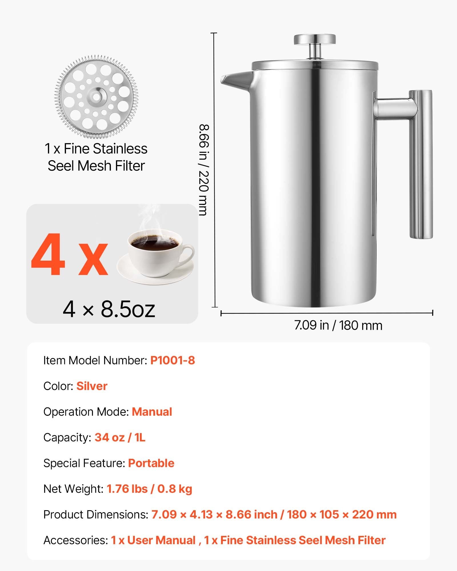 Silver Stainless Steel French Press Coffee Maker, 34 Oz Insulated Double Wall Tea & Coffee Brewer with Precision Filter for Home, Travel, Camping