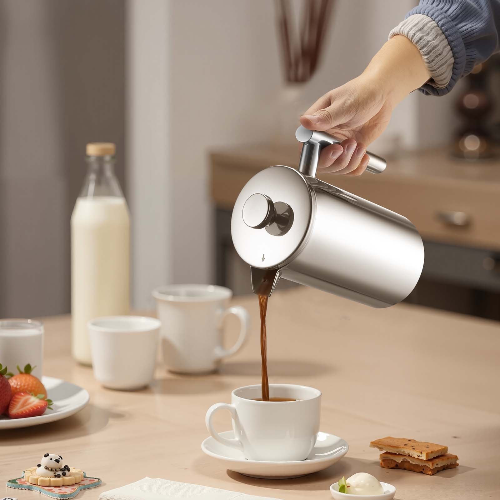 Silver Stainless Steel French Press Coffee Maker, 34 Oz Insulated Double Wall Tea & Coffee Brewer with Precision Filter for Home, Travel, Camping