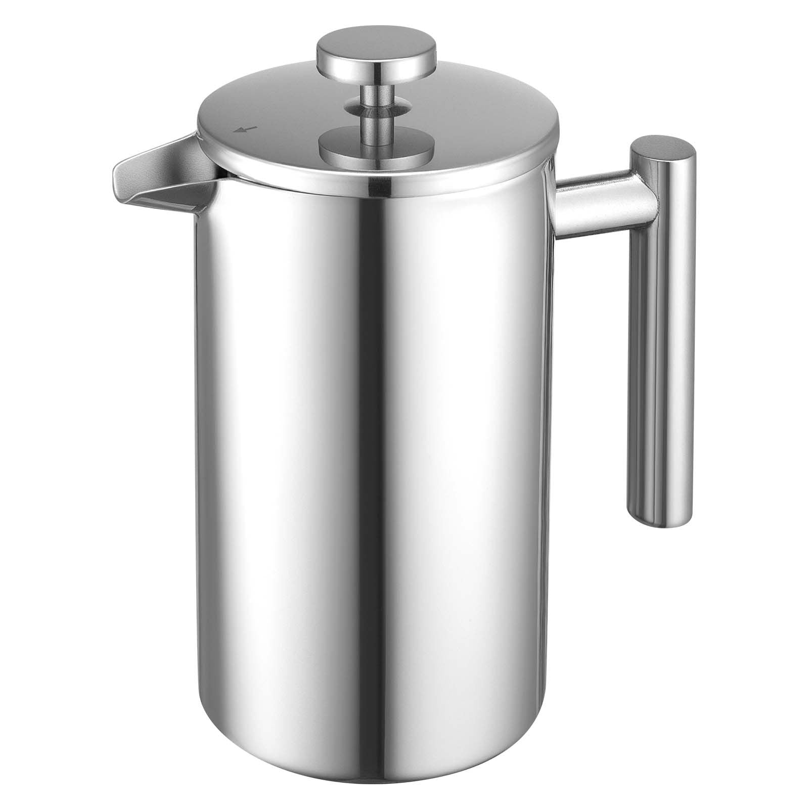 Silver Stainless Steel French Press Coffee Maker, 34 Oz Insulated Double Wall Tea & Coffee Brewer with Precision Filter for Home, Travel, Camping