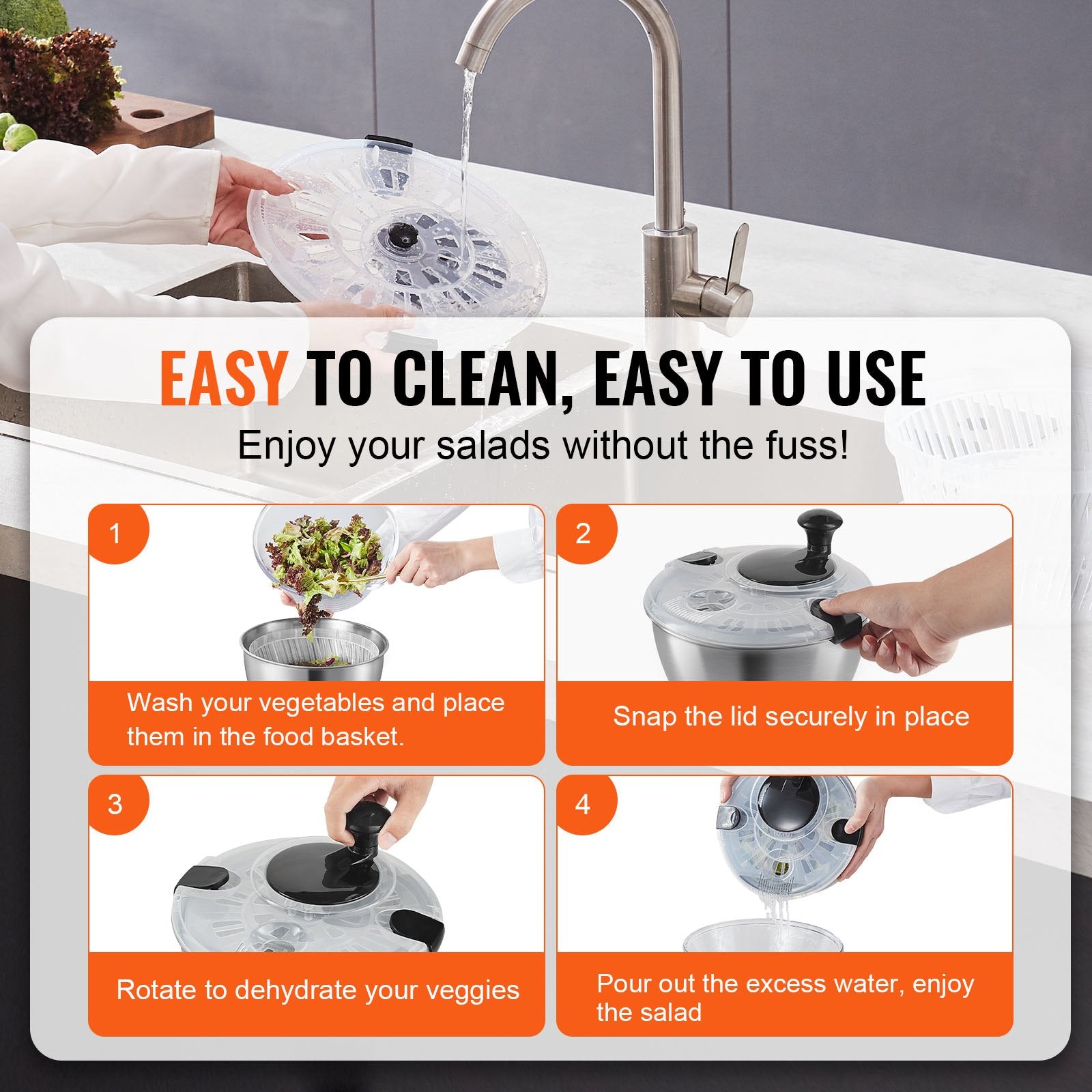 Effortless One-Handed Salad Spinner & Vegetable Dryer with Large 4.75Qt 304 Stainless Steel Bowl for Greens, Herbs, Berries, Fruits - BPA-Free, Durable & Versatile Kitchen Essential