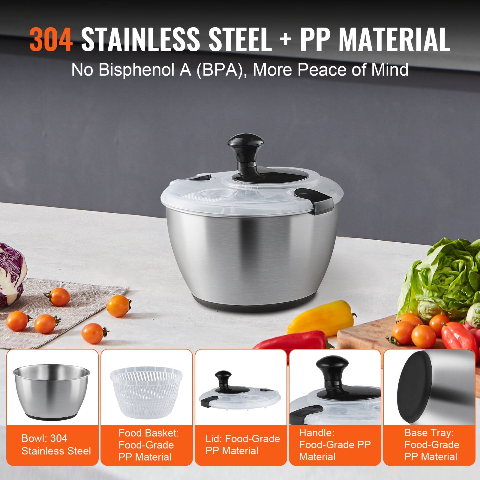 Effortless One-Handed Salad Spinner & Vegetable Dryer with Large 4.75Qt 304 Stainless Steel Bowl for Greens, Herbs, Berries, Fruits - BPA-Free, Durable & Versatile Kitchen Essential