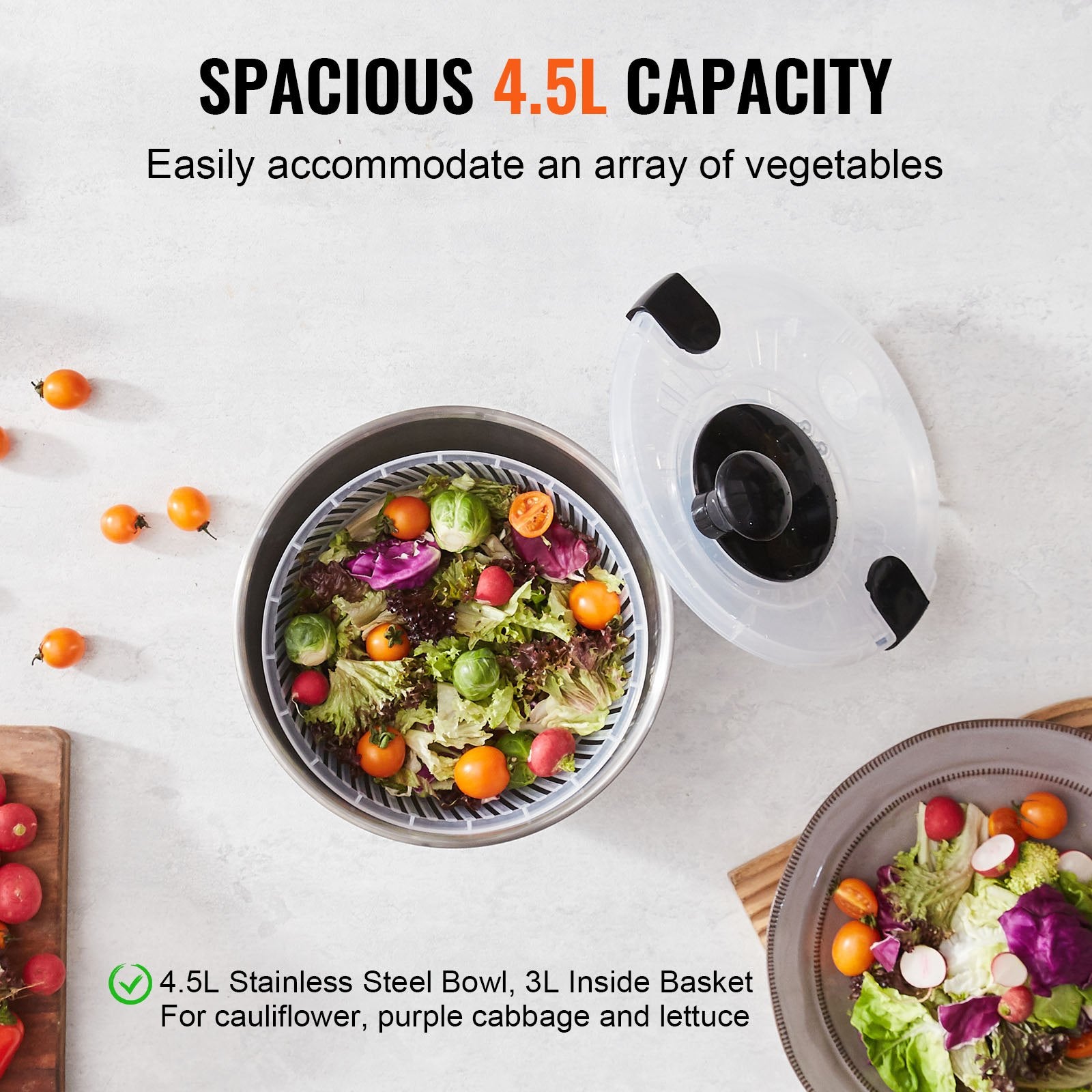Effortless One-Handed Salad Spinner & Vegetable Dryer with Large 4.75Qt 304 Stainless Steel Bowl for Greens, Herbs, Berries, Fruits - BPA-Free, Durable & Versatile Kitchen Essential