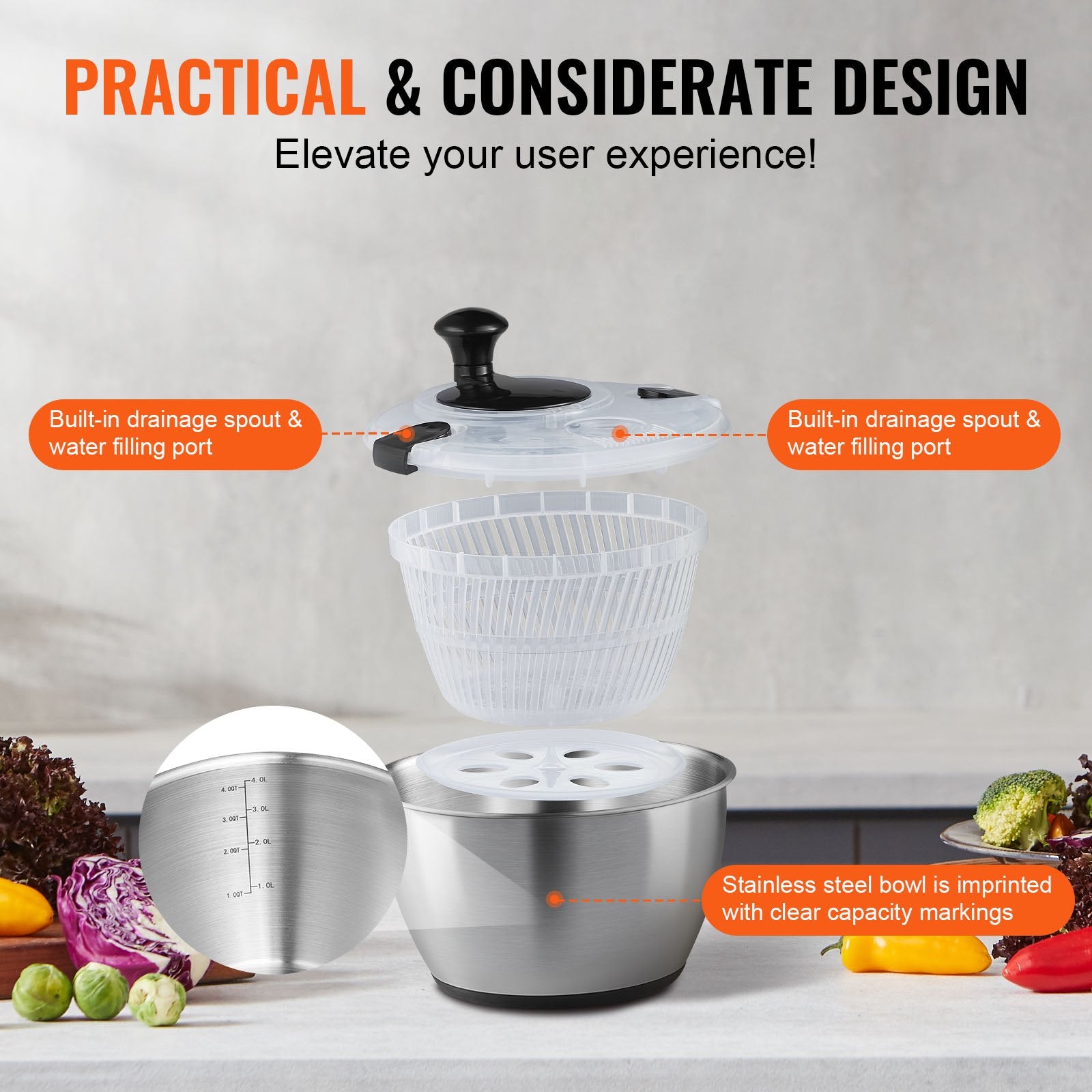 Effortless One-Handed Salad Spinner & Vegetable Dryer with Large 4.75Qt 304 Stainless Steel Bowl for Greens, Herbs, Berries, Fruits - BPA-Free, Durable & Versatile Kitchen Essential