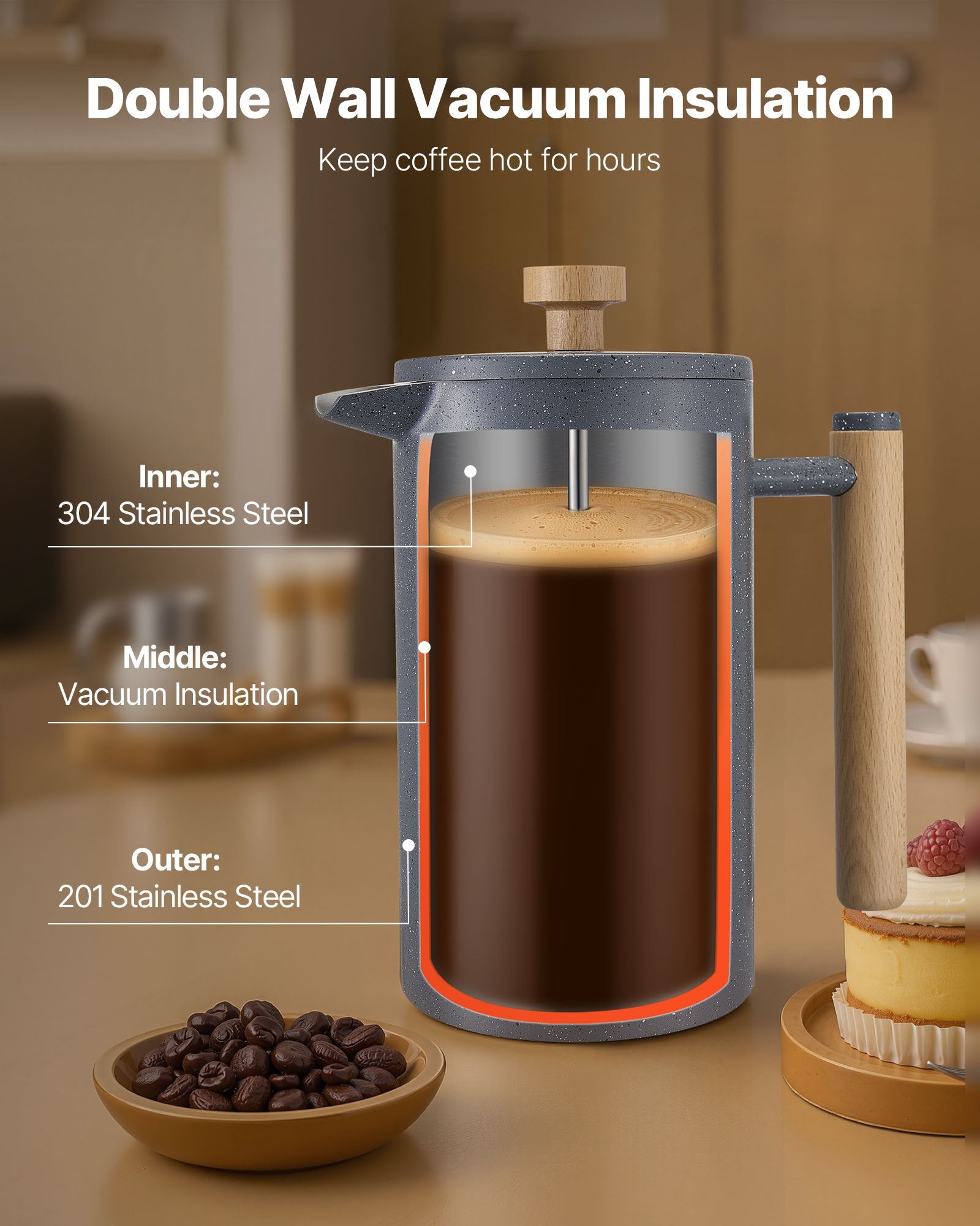 Elegant 34 Oz Stainless Steel French Press Coffee & Tea Maker - Double Wall Insulated, Precision Filtration for Home, Camping, Travel, Kitchen - Black