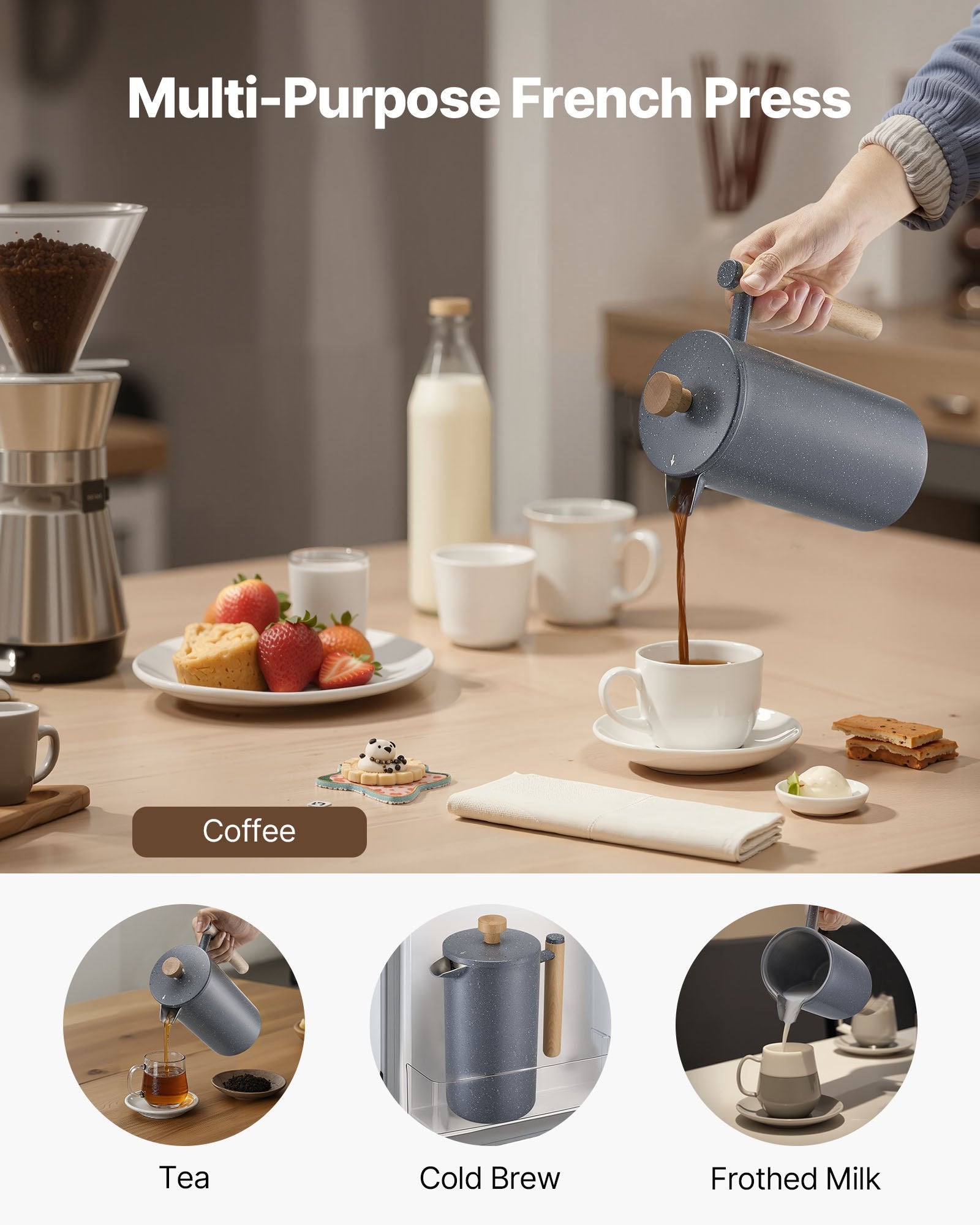 Elegant 34 Oz Stainless Steel French Press Coffee & Tea Maker - Double Wall Insulated, Precision Filtration for Home, Camping, Travel, Kitchen - Black