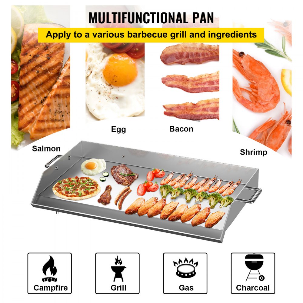 VEVOR Stainless Steel Griddle,36\" x 22\" Universal Flat Top Rectangular Plate, BBQ Charcoal/Gas Non-Stick Grill with 2 Handles and Grease Groove with Hole?Grills for Camping, Tailgating and Parties