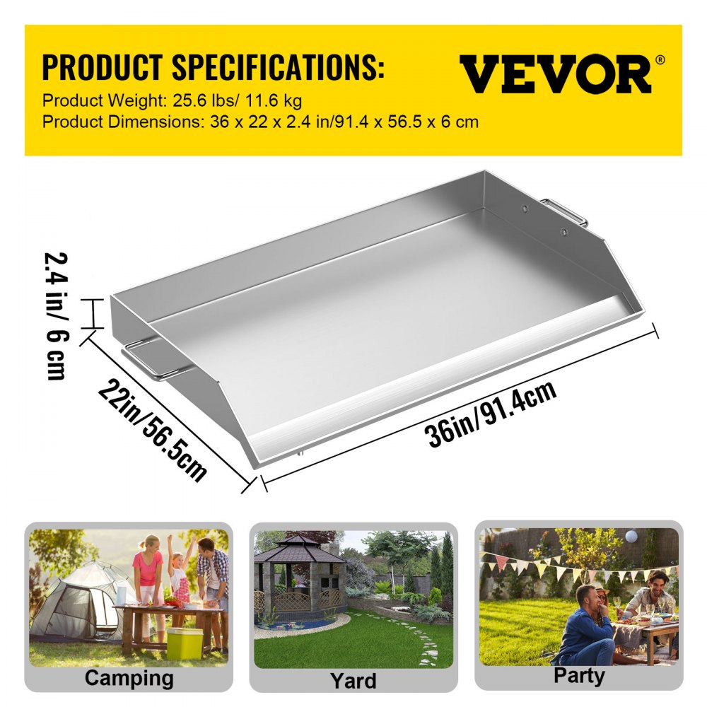 VEVOR Stainless Steel Griddle,36\" x 22\" Universal Flat Top Rectangular Plate, BBQ Charcoal/Gas Non-Stick Grill with 2 Handles and Grease Groove with Hole?Grills for Camping, Tailgating and Parties