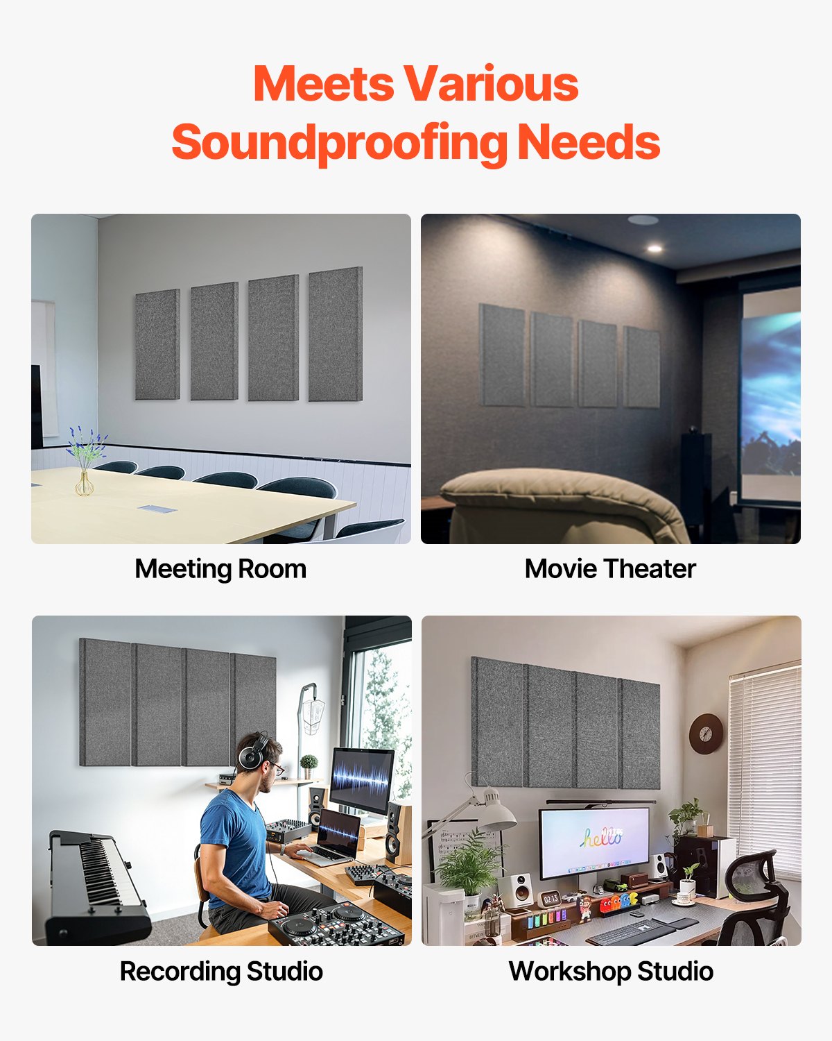 Acoustic Panels 4-Pack, 2" Thick Gray Fiberglass Soundproof Boards, Self-Adhesive for Studio, Office, Home Theater, Meeting Room, Easy & Aesthetic Sound Absorption Solution