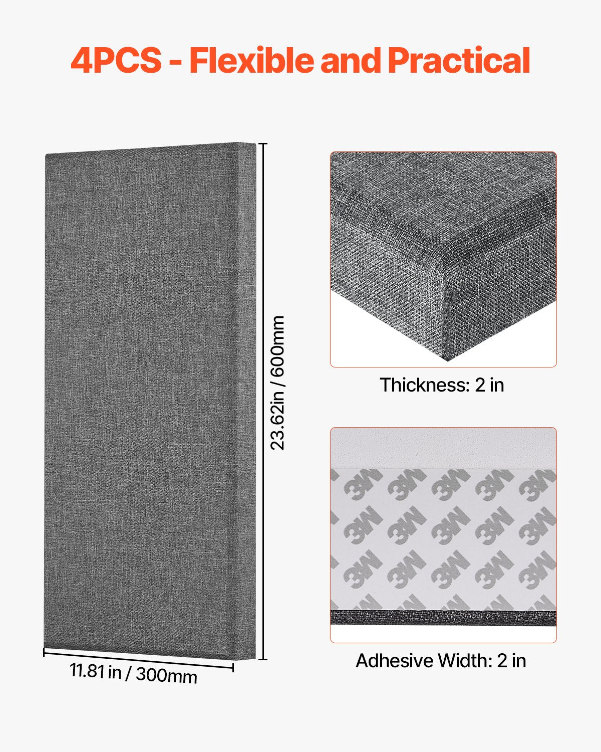 Acoustic Panels 4-Pack, 2" Thick Gray Fiberglass Soundproof Boards, Self-Adhesive for Studio, Office, Home Theater, Meeting Room, Easy & Aesthetic Sound Absorption Solution