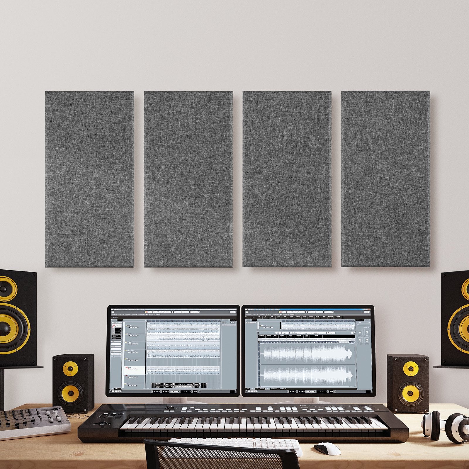 Acoustic Panels 4-Pack, 2" Thick Gray Fiberglass Soundproof Boards, Self-Adhesive for Studio, Office, Home Theater, Meeting Room, Easy & Aesthetic Sound Absorption Solution