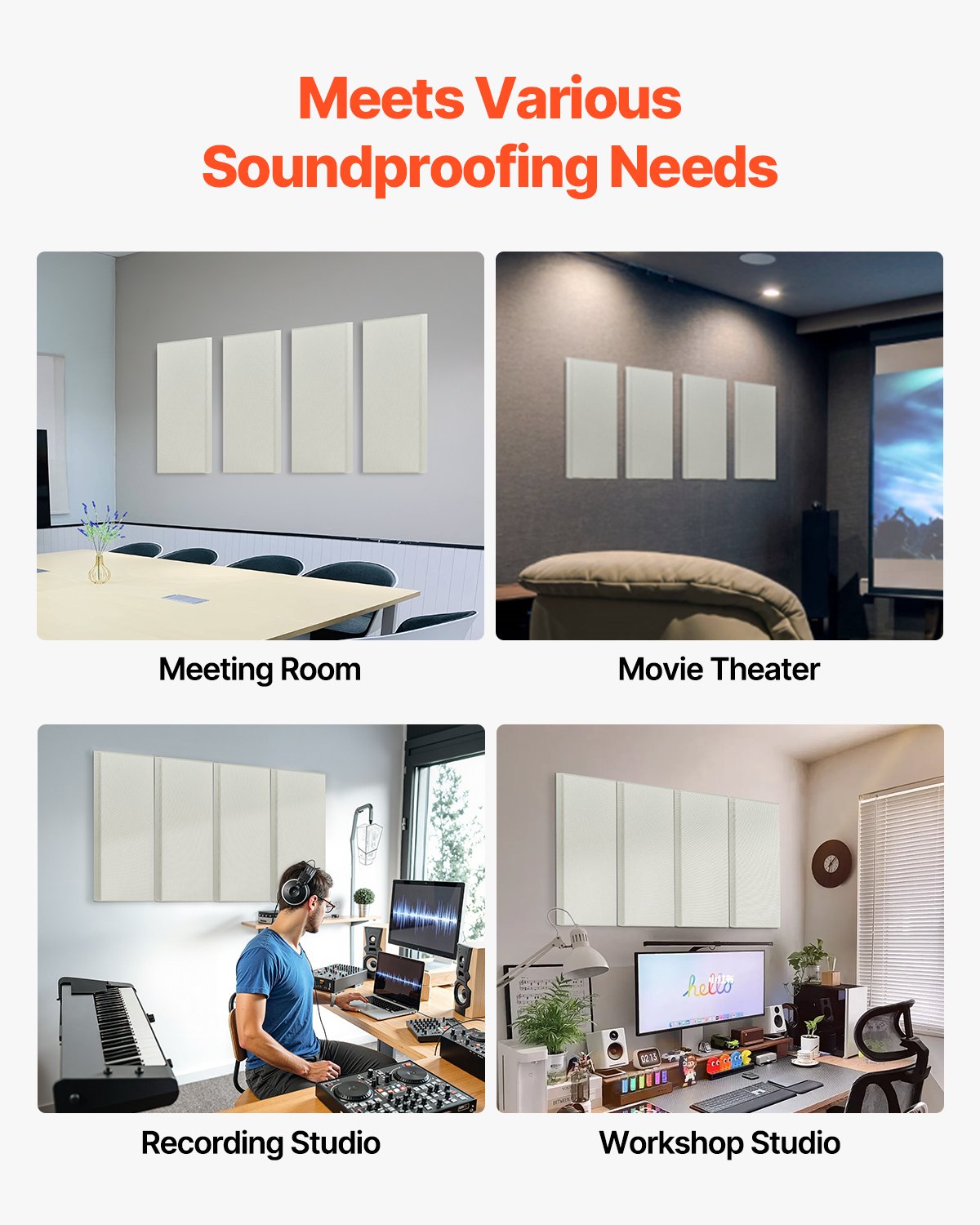 Acoustic Panels Set of 4, 2" Thick Fiberglass Sound Absorbers, Self-Adhesive Soundproof Wall Boards for Studios, Home Theaters, Offices, Beige