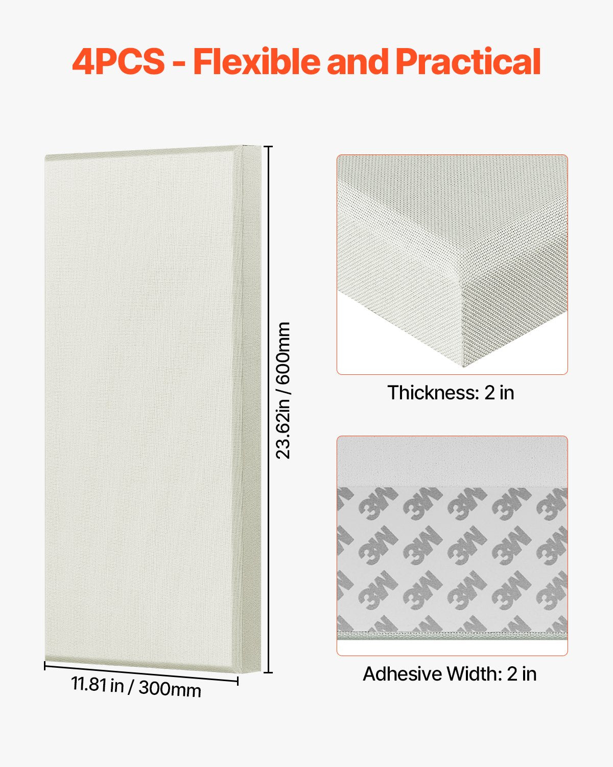 Acoustic Panels Set of 4, 2" Thick Fiberglass Sound Absorbers, Self-Adhesive Soundproof Wall Boards for Studios, Home Theaters, Offices, Beige
