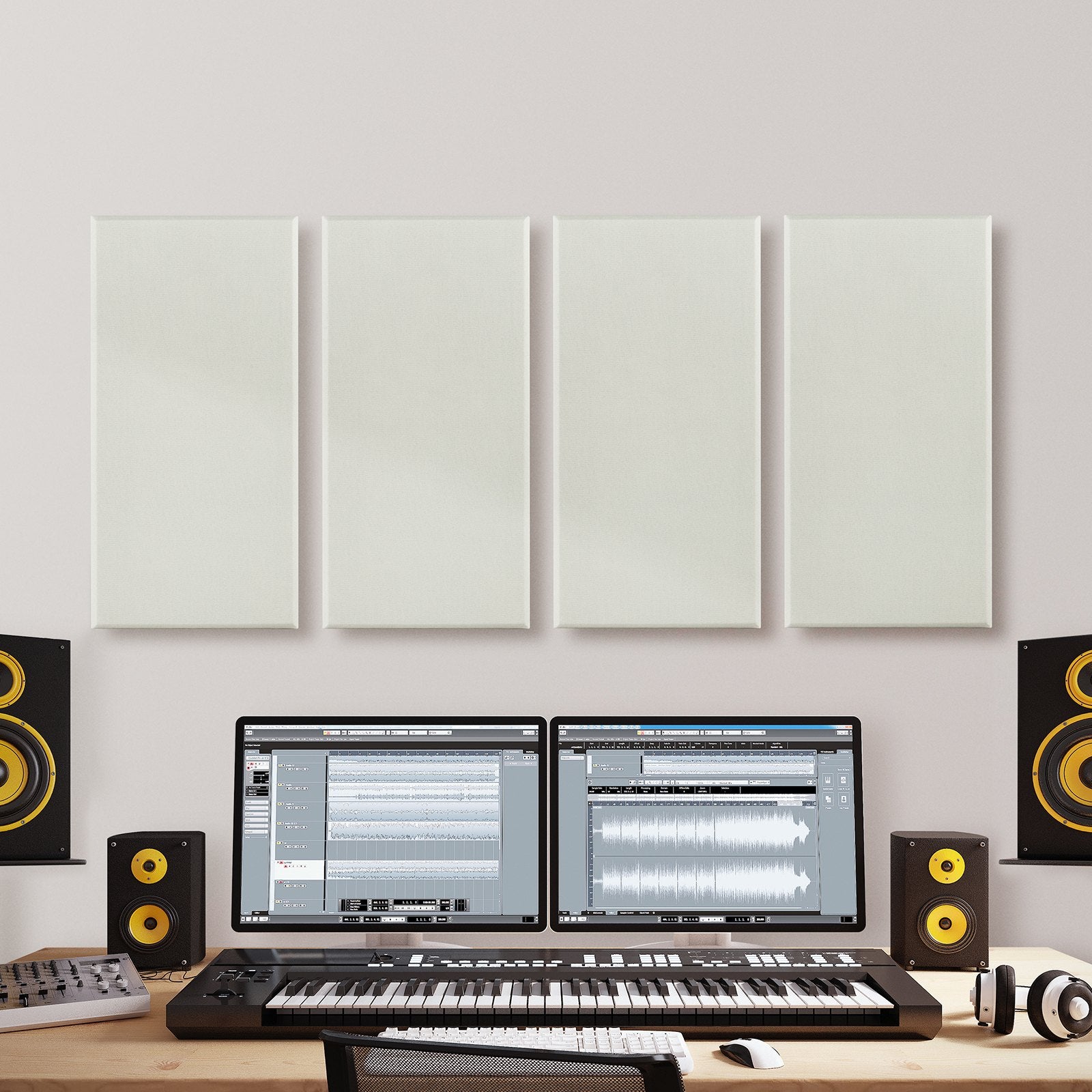 Acoustic Panels Set of 4, 2" Thick Fiberglass Sound Absorbers, Self-Adhesive Soundproof Wall Boards for Studios, Home Theaters, Offices, Beige