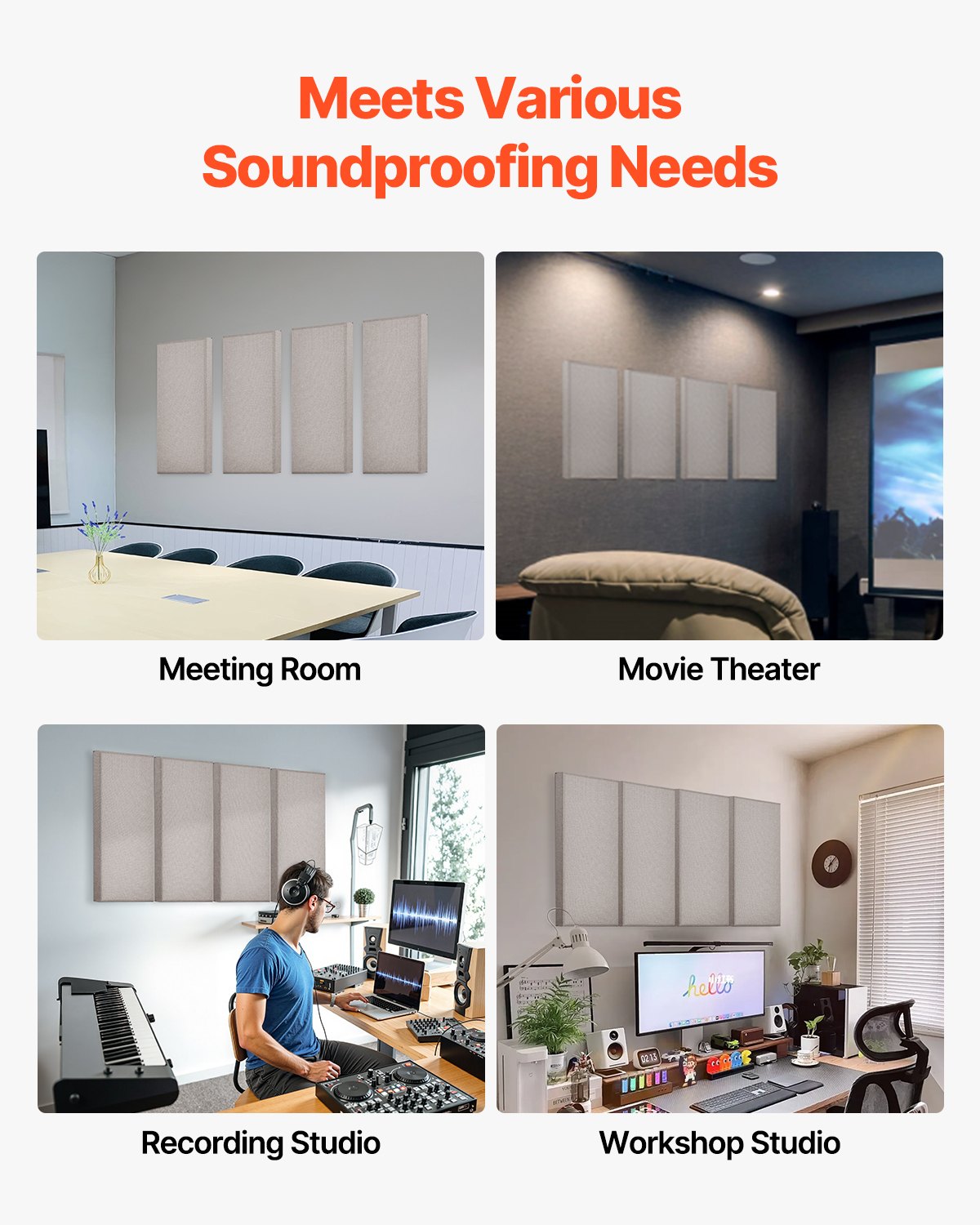 Acoustic Panels 4-Pack - 2" Thick, 23.6"x11.8" Soundproof Fiberglass Boards with 3M Self-Adhesive for Studios, Offices, Home Theaters, Camel Color