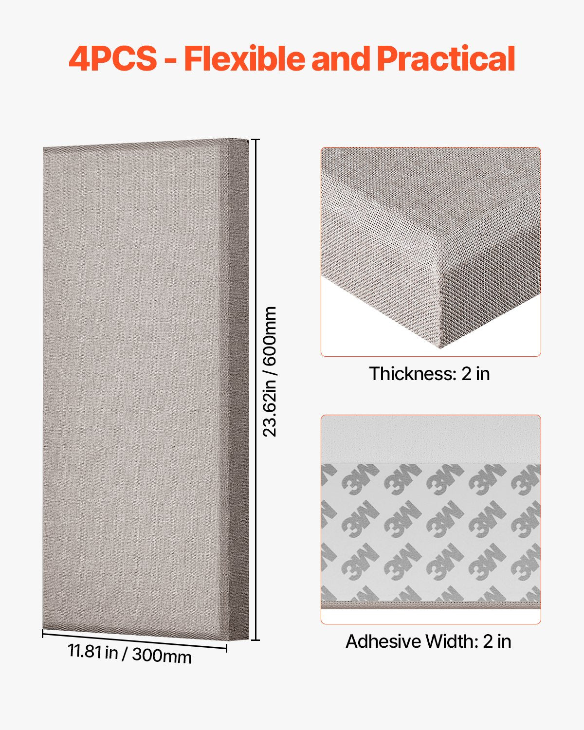 Acoustic Panels 4-Pack - 2" Thick, 23.6"x11.8" Soundproof Fiberglass Boards with 3M Self-Adhesive for Studios, Offices, Home Theaters, Camel Color