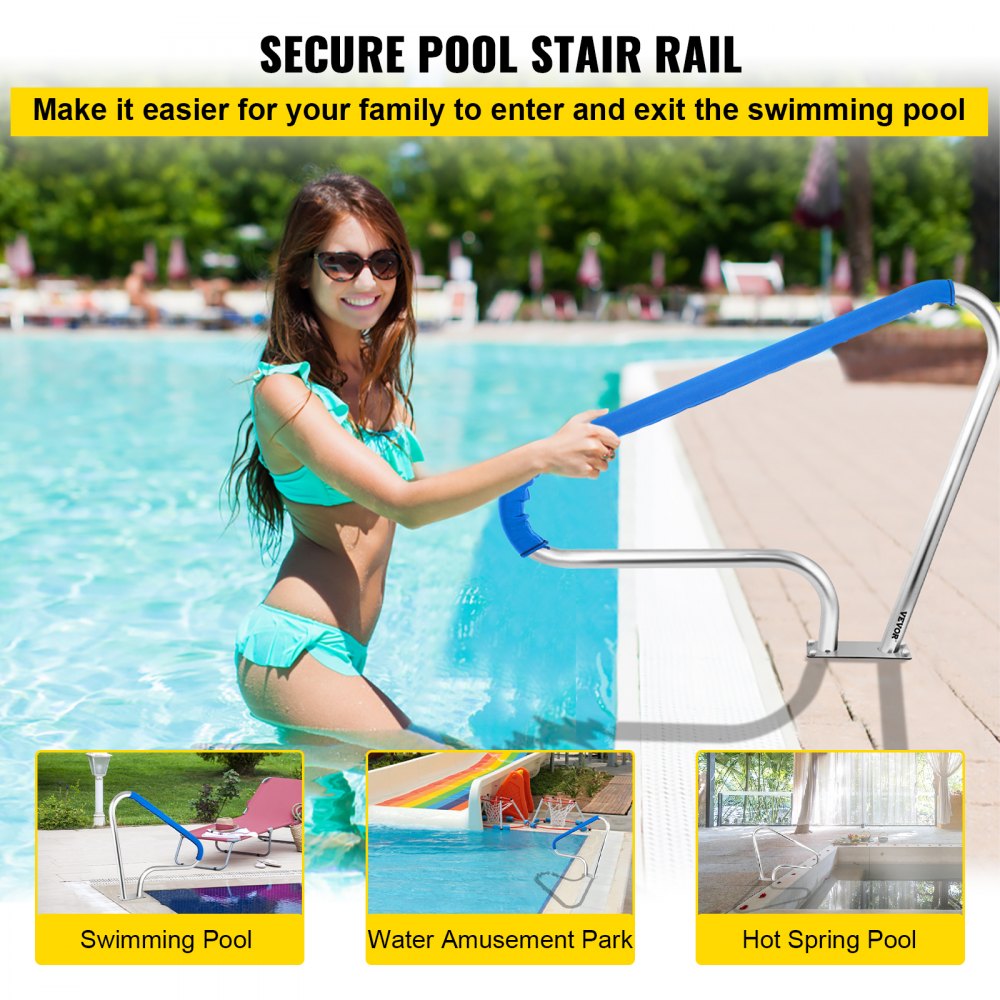 Stainless Steel Pool Handrail with Blue Grip and Installation Kit, 48x36", Supports 250LBS, Rustproof Design for Safe Swimming Access