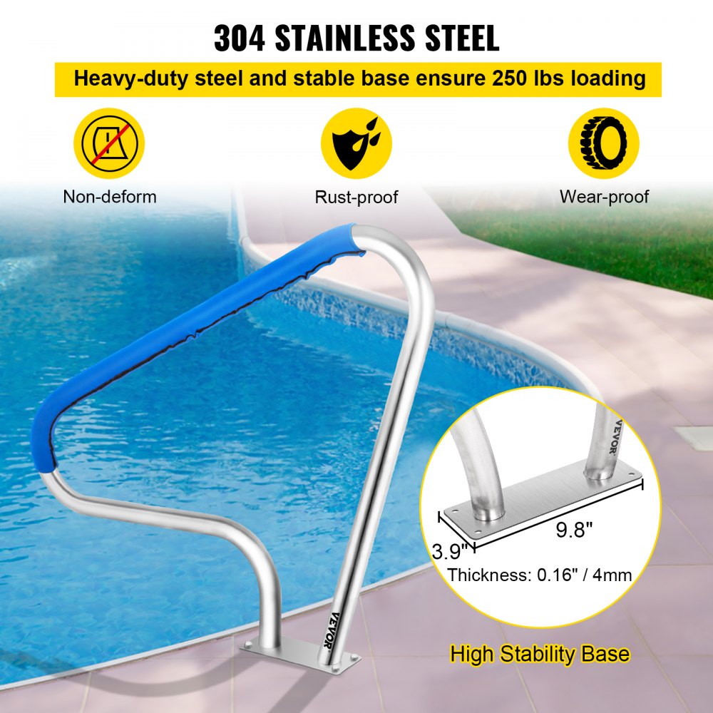 Stainless Steel Pool Handrail with Blue Grip and Installation Kit, 48x36", Supports 250LBS, Rustproof Design for Safe Swimming Access